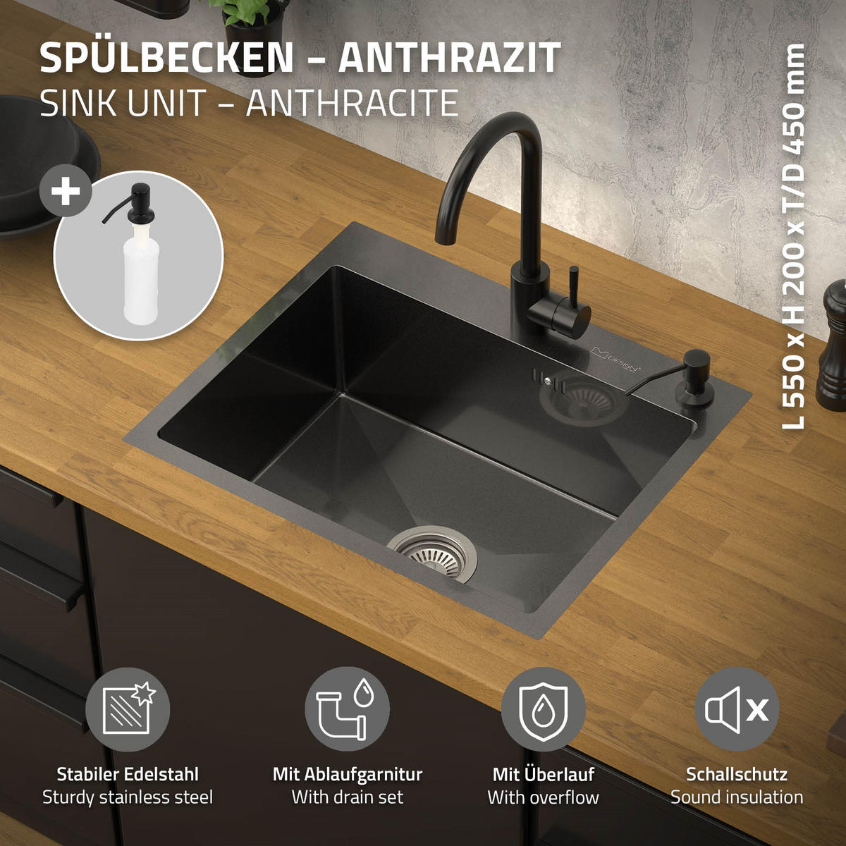 SPÜLBECKEN Edelstahl 55/45cm Anthrazit - Anthrazit, Metall (45/20/55cm) - ML-DESIGN
