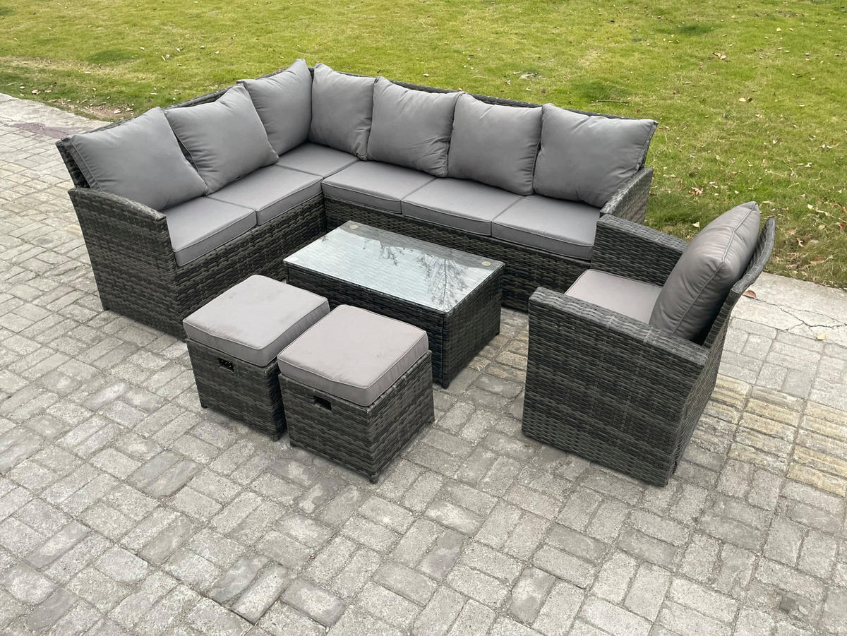 GARTENSET mit Couchtisch Polyrattan Dunkelgrau 9-Sitzer - Dunkelgrau/Grau, Glas/Kunststoff - Fimous