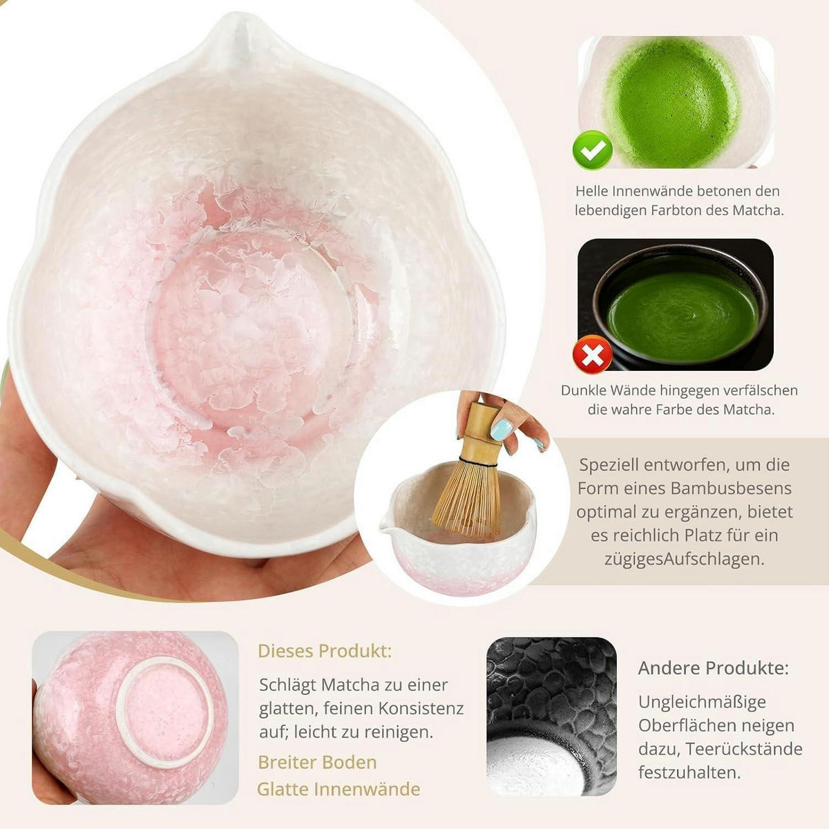 MATCHA Set 8-teiliges Set mit Schale, Besen und Löffel - Rosa, Keramik (15.2/10/28cm)