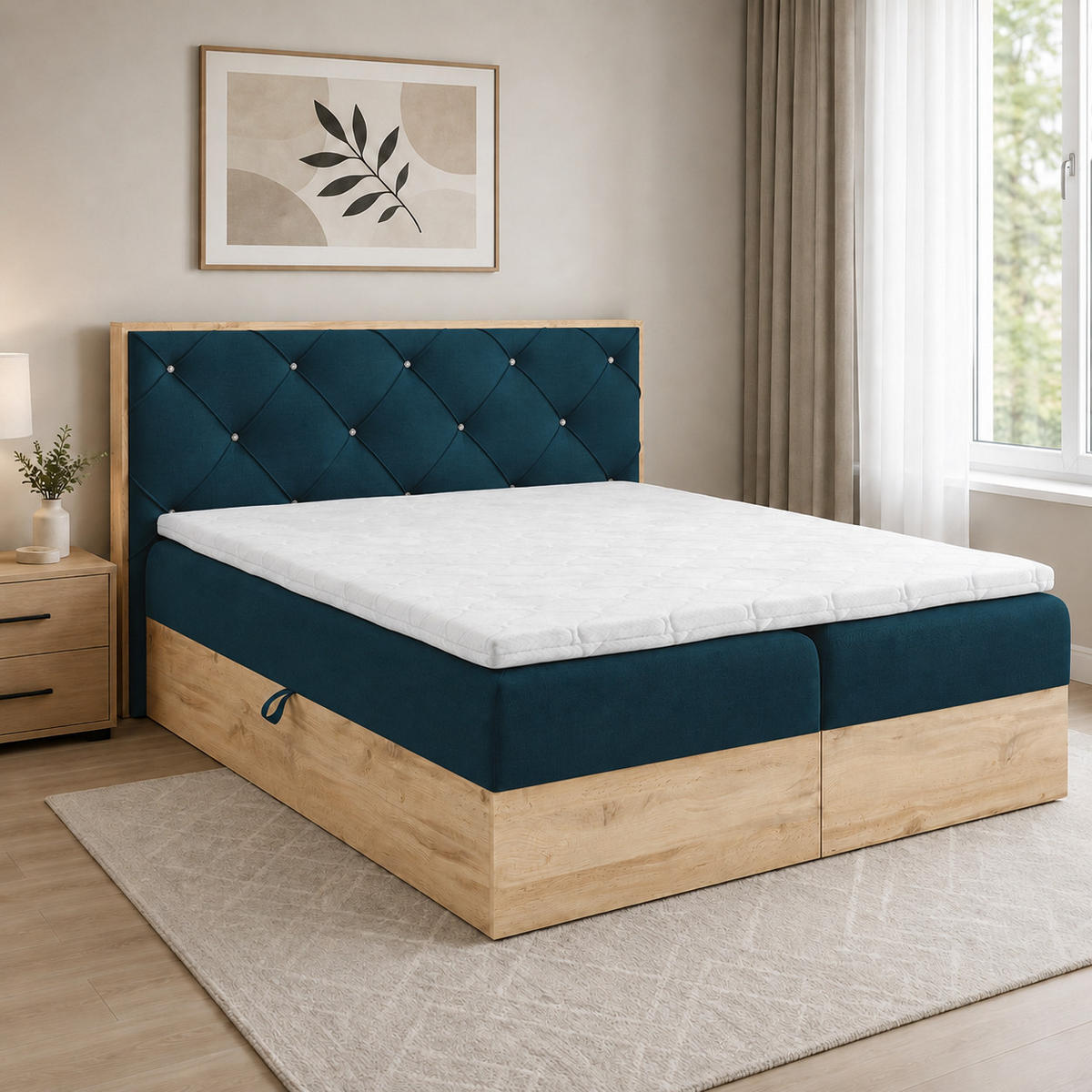 BOXBETT Holzoptik Sonoma Eiche mit Topper 120x200 cm Blaugrün - Blau, Textil (120/200cm) - Home Collective