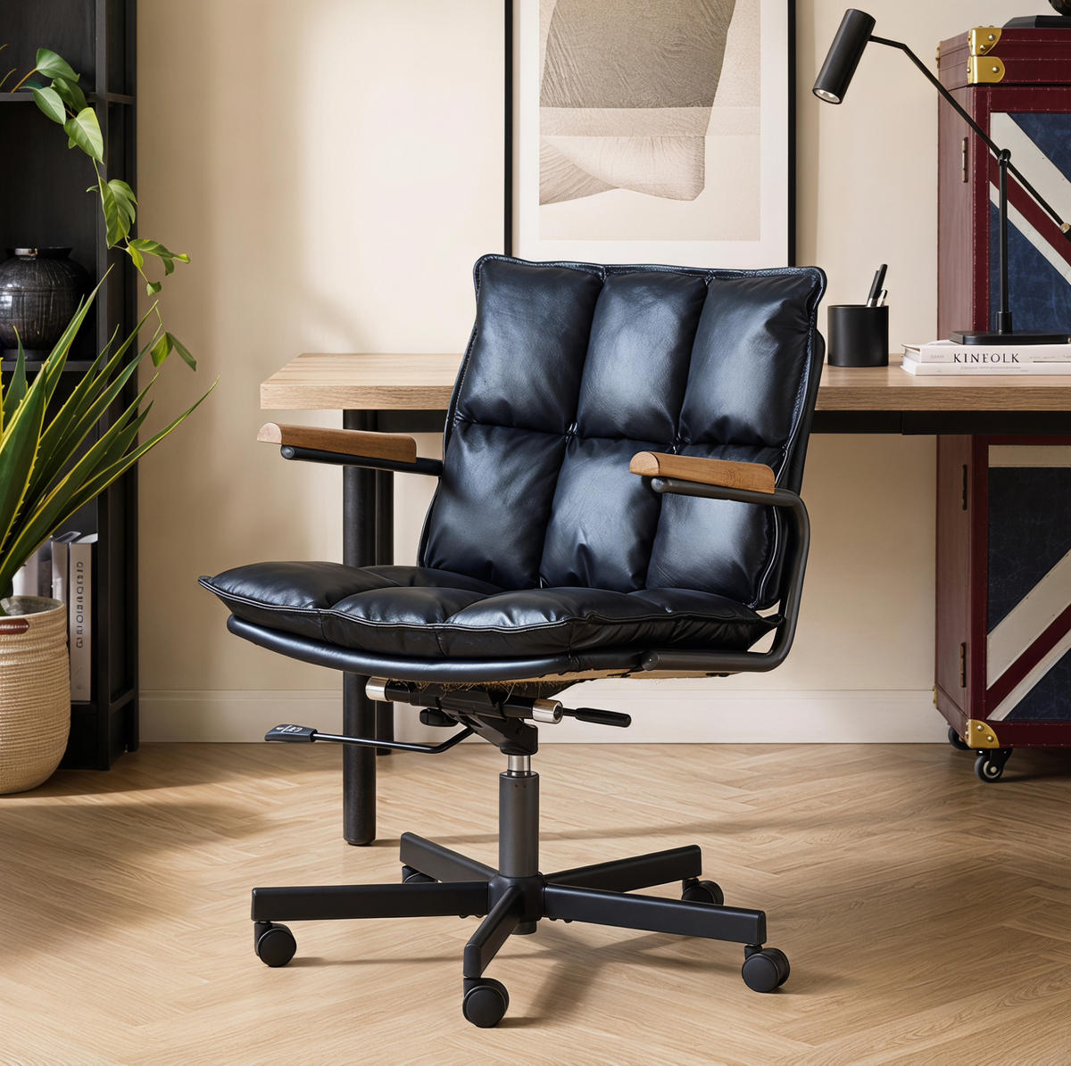 BÜROSTUHL in Schwarz 46x65x72 cm aus Leder und Metall mit Rollen und Holzarmlehnen - Schwarz, Leder (65/72/46cm) - IVMEU
