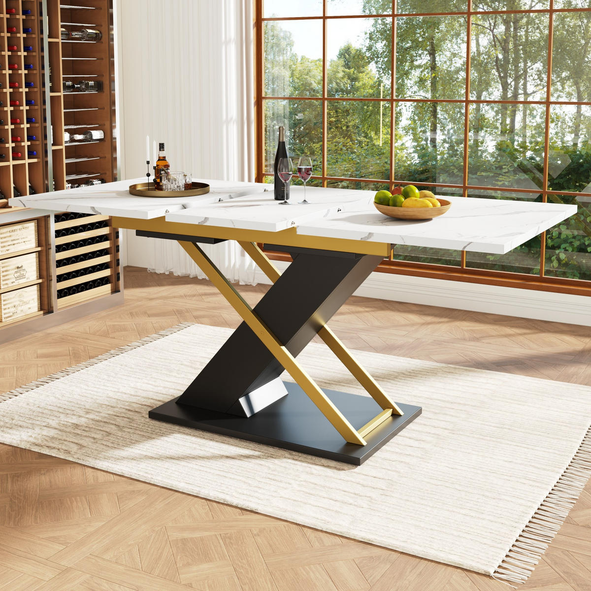 AUSZIEHBARER Esstisch MDF mit Marmormuster & Metallgestell, 120-160/80/75,4 cm, Schwarz - Schwarz, Holzwerkstoff (160/80/75.4cm) - Redom