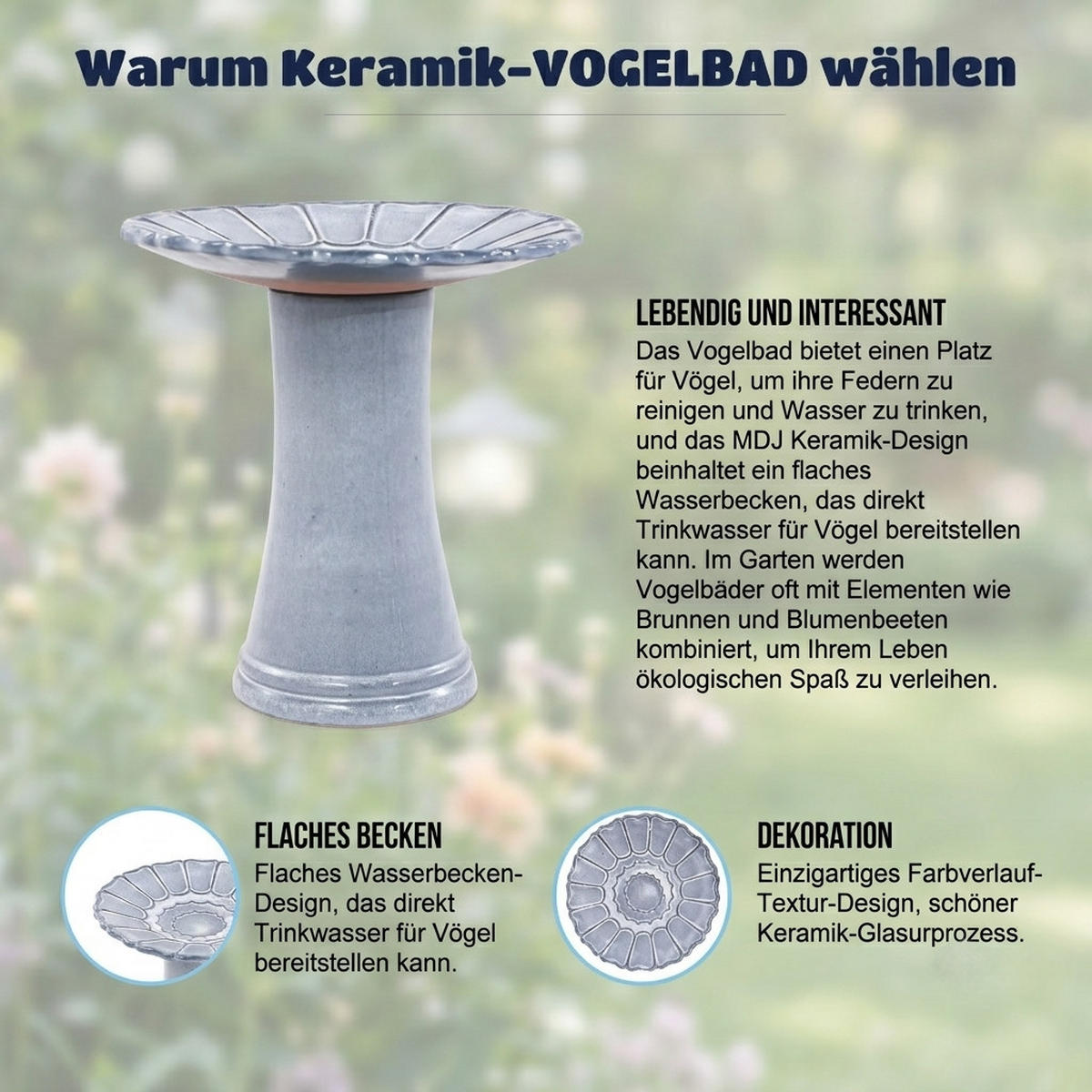 VOGELBAD mit Standfuß, Keramik Ø43/45H cm, Wetterfest, Blau-Grau - Blaugrau, Keramik (43/45/43cm) - LVHOM