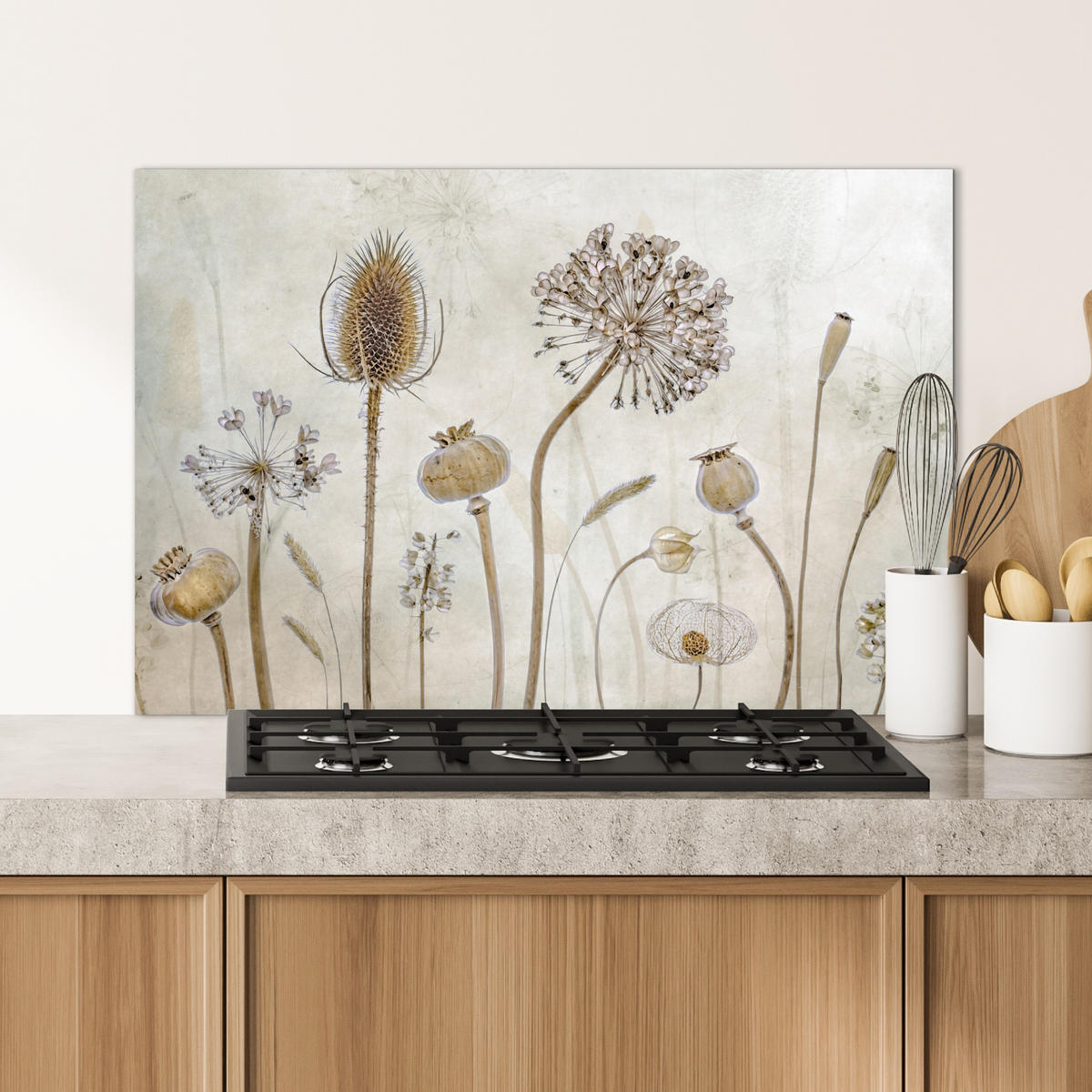 SPRITZSCHUTZ KÜCHE Blumen - Aquarell - Stilleben - Braun - Vintage 80x55 cm - Sandfarben, Metall (80/0.3/55cm) - MuchoWow
