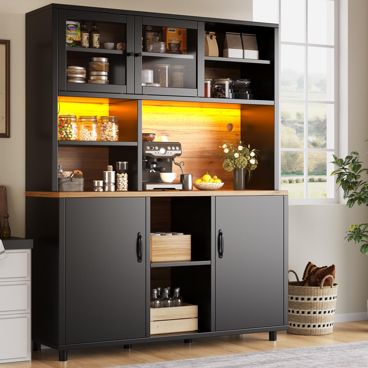 HOCHSCHRANK 185Cm LED App Schiebetüren Holzoptik Schwarz - Schwarz, Holzwerkstoff (140/185/40cm) - FLIEKS
