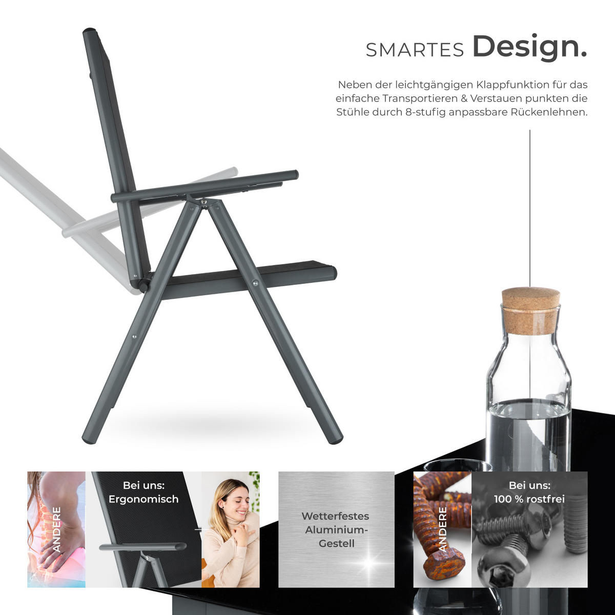 SITZGRUPPE Ercolano,Tisch mit Sicherheitsglasplatten und Ausgleichsschrauben,anthrazit - Anthrazit, Naturmaterialien/Kunststoff - tectake
