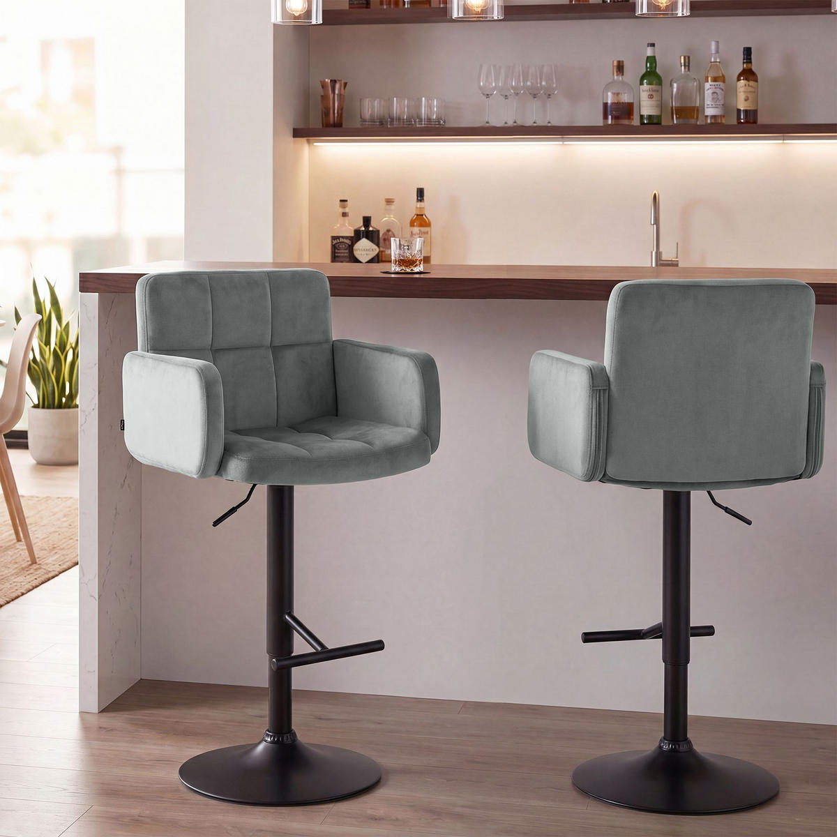 BARHOCKER 2 Samt Grau - Schwarz/Grau, Textil/Metall (60/93/56cm) - CLP