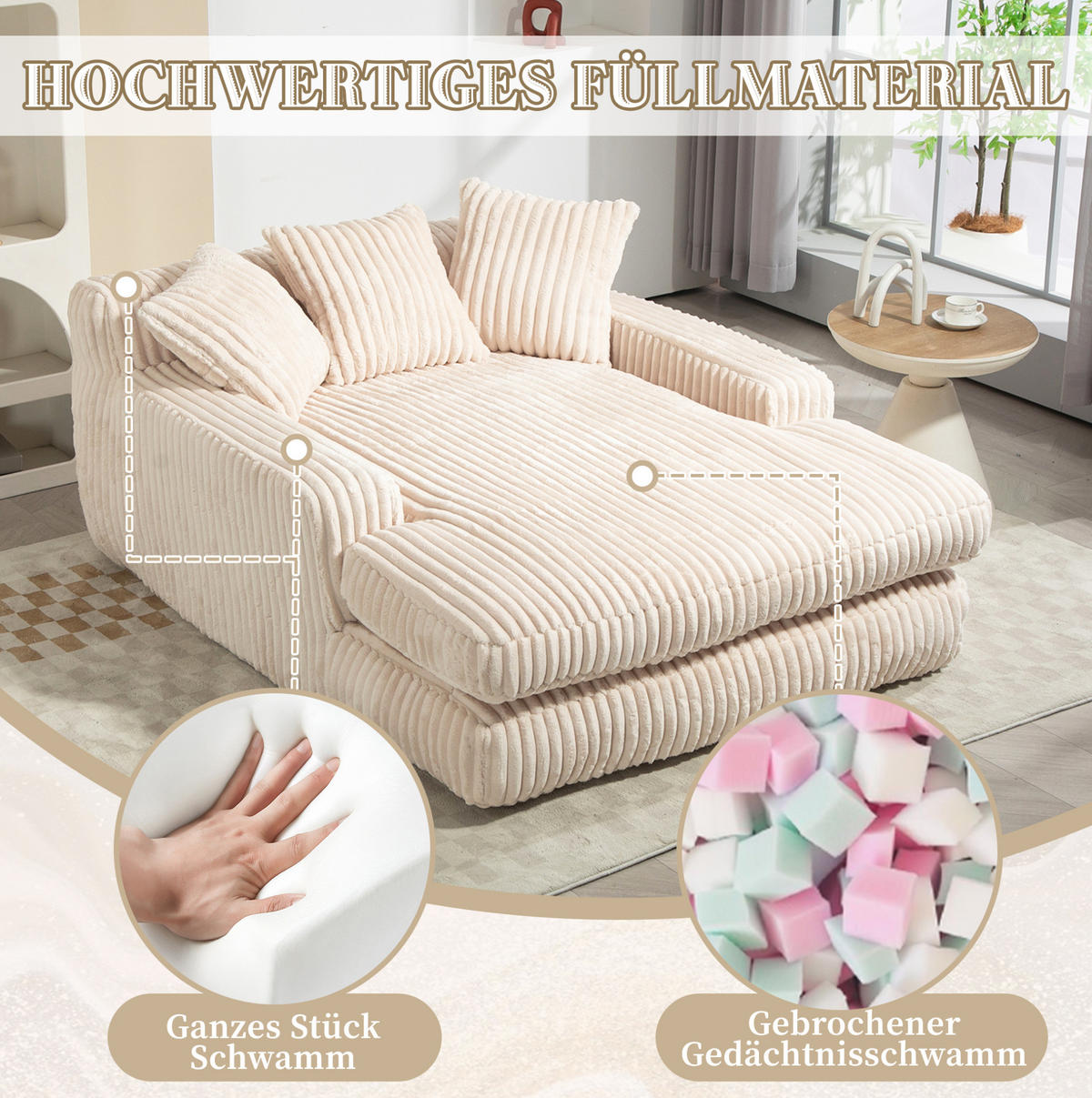BIGSOFA 125/155/63 cm in Beige mit Chaiselongue aus Cord - Beige, Textil (63/125/155cm) - BEAOK