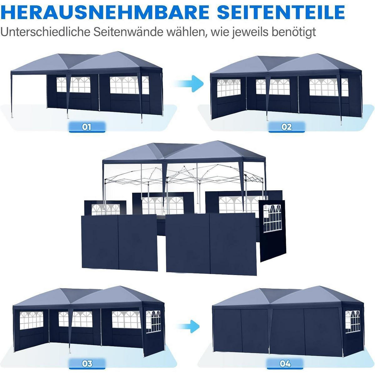 FALTPAVILLON 3x6m Dunkelblau wasserdicht mit Seitenwänden - Dunkelblau, Textil (256/256/256cm)