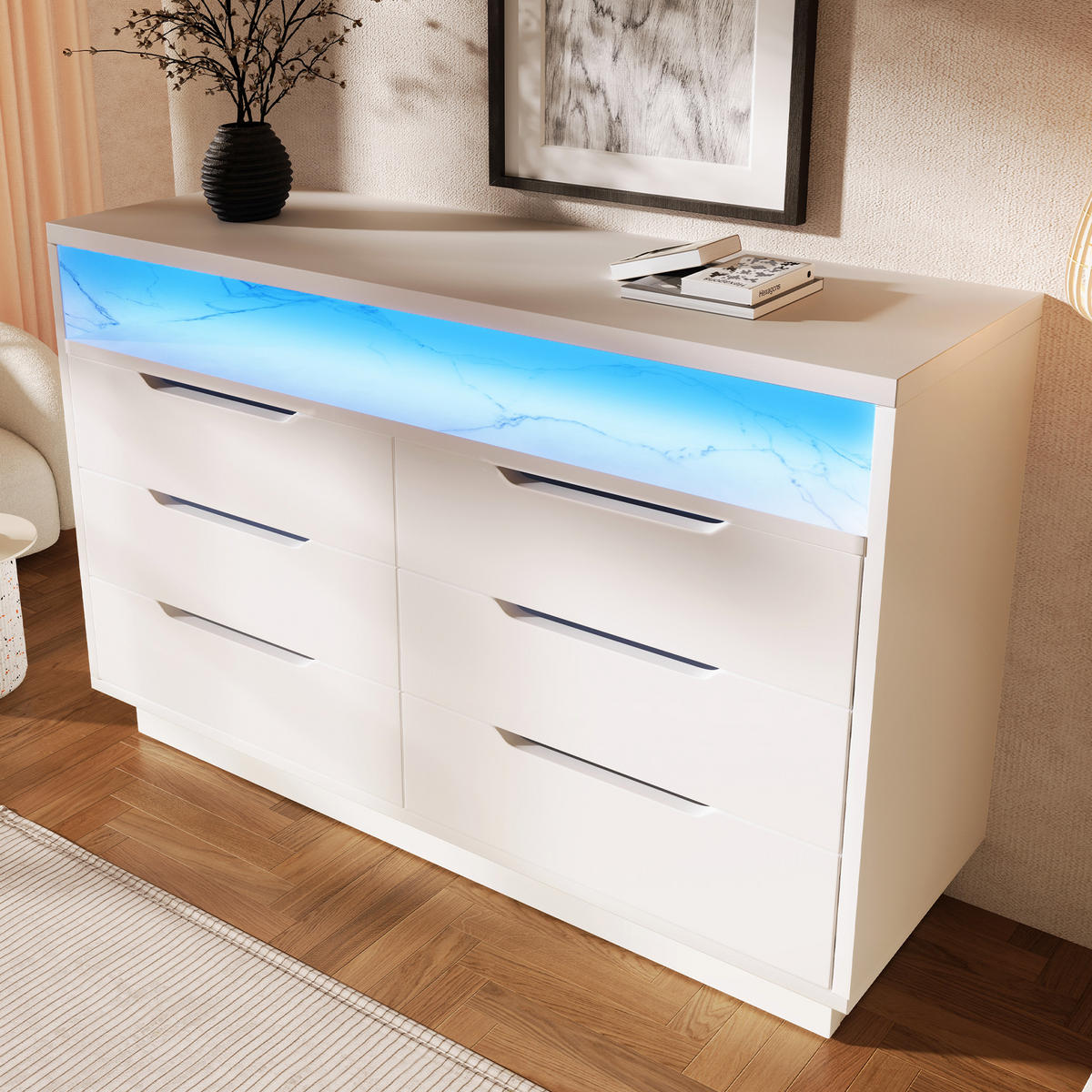 KOMMODE DE-38272 120/40/85 cm mit LED-Beleuchtung und 6 Schubladen Weiß - Weiß, Holzwerkstoff (120/85/40cm) - ComfortXL