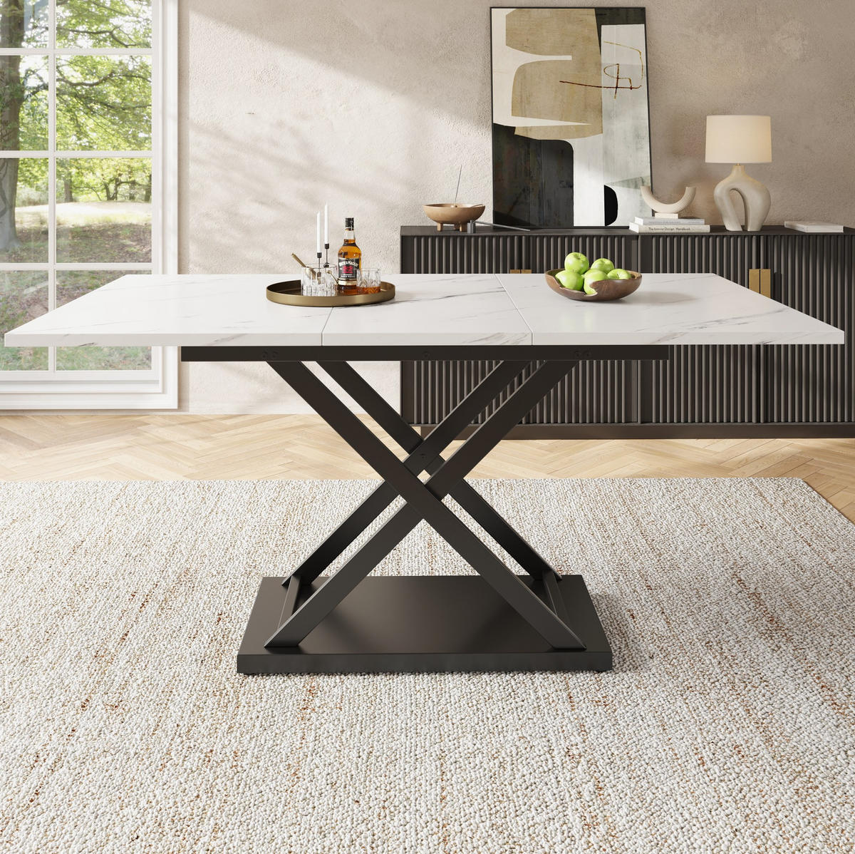 ESSTISCH aus MDF und Metall 120-160x80x75 cm Weiß/Schwarz ausziehbar mit Kreuzgestell und Marmor-Optik - Weiß, Holzwerkstoff (160/80/75cm) - Modfu