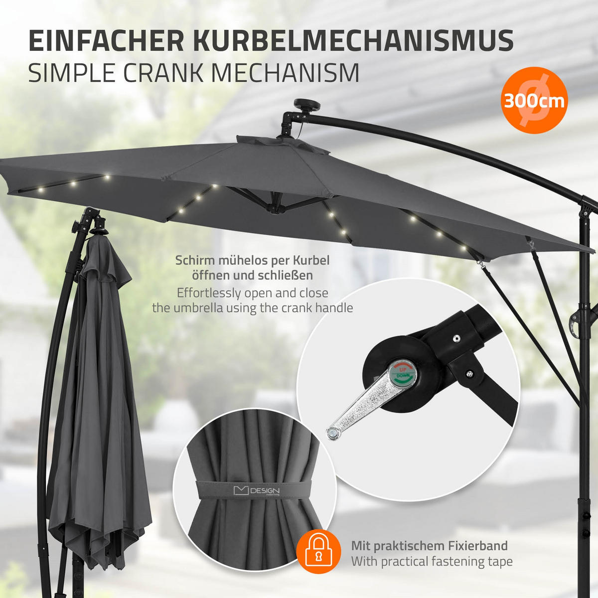 AMPELSCHIRM Ø 300 cm in Anthrazit aus Aluminium mit LED-Solar - Anthrazit, Metall (300/300cm) - ML-DESIGN