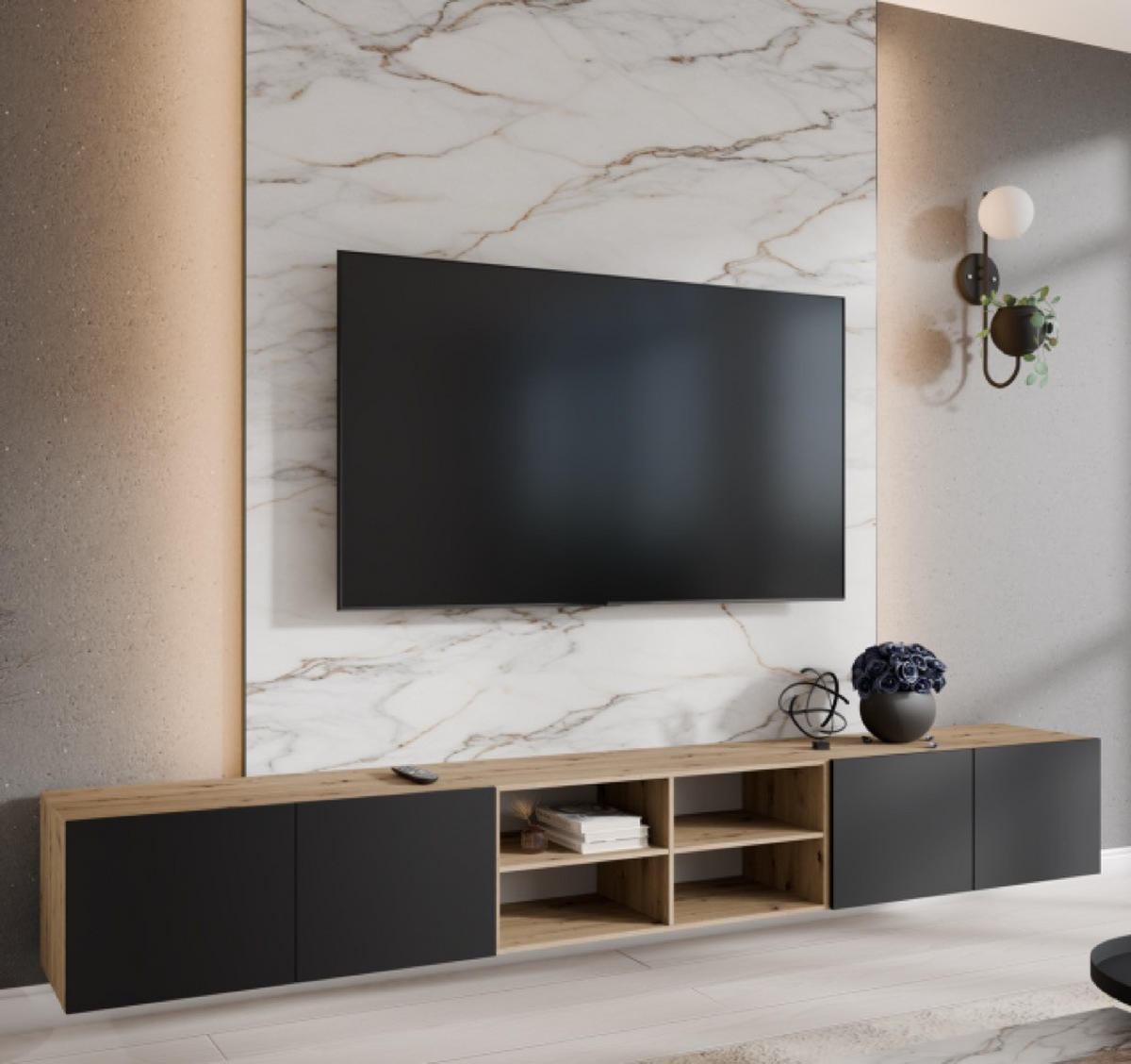 TV-SCHRANK Schwarz LION Offene Mit Regalen 300 cm 300x40x41 cm - Schwarz, Holzwerkstoff (300/41/40cm) - Sepro Meble