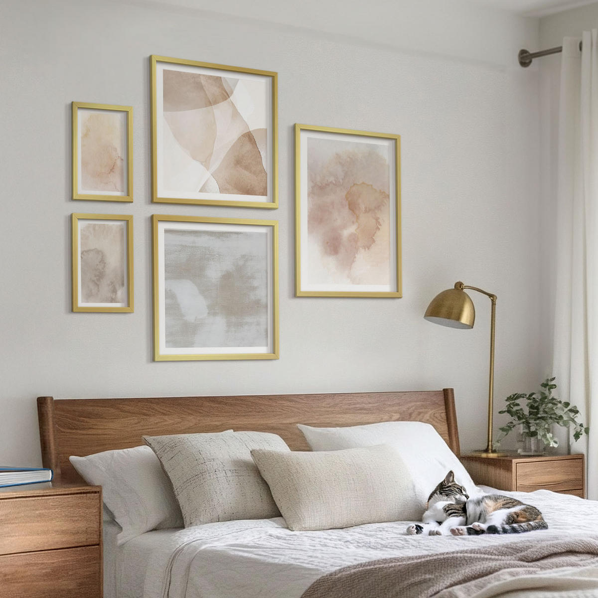 WANDBILDER 5er Set - 50x50 cm & 20x30 cm & 40x60 cm Goldrahmen - Warme Aquarell-Pastelltexturen - Goldfarben, Kunststoff (40/60cm) - ArtPrintCave