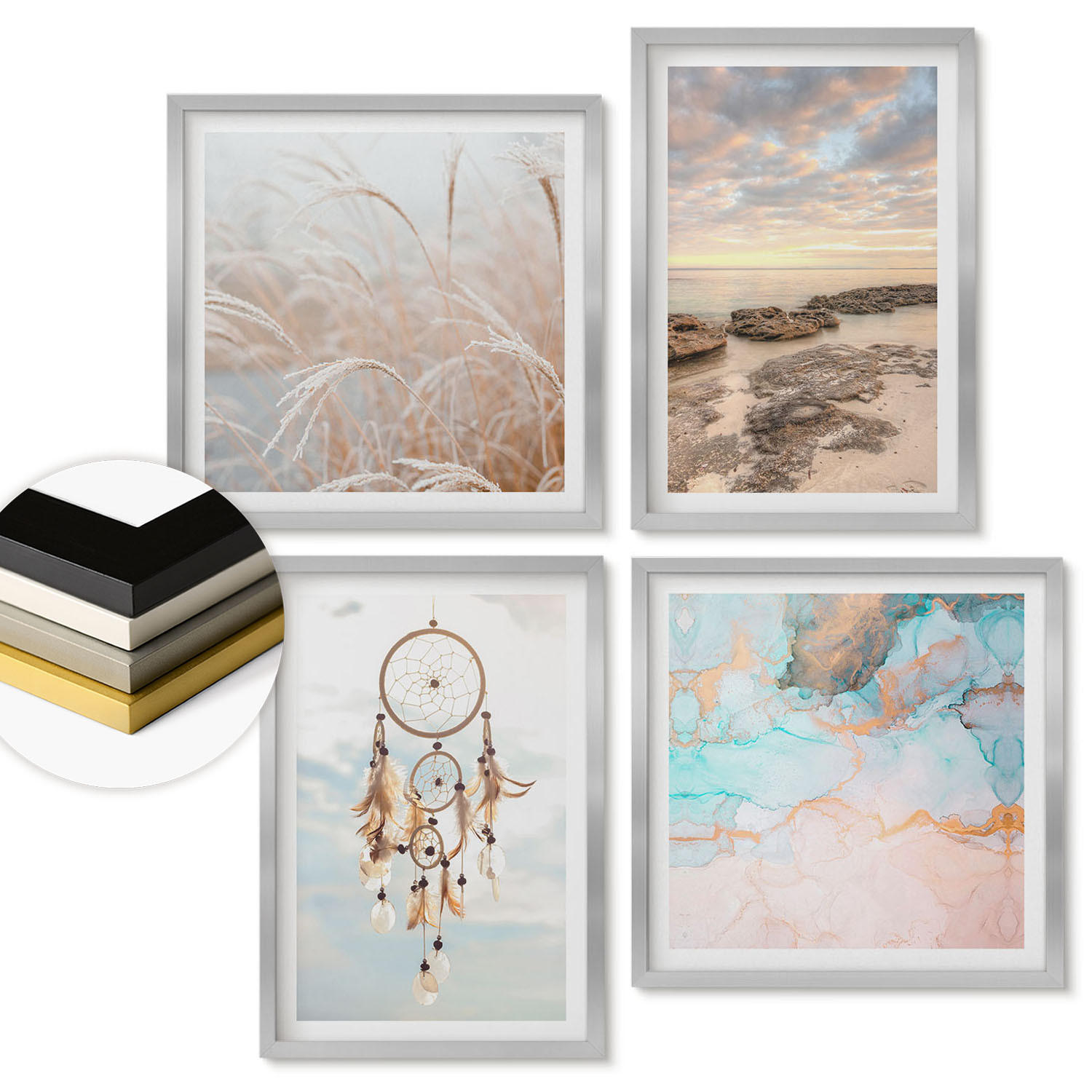 WANDBILDER 4er Set - 50x50 cm & 40x60 cm Silberner Rahmen - Wolkenmeer, Traumfänger, Gras - Silberfarben, Kunststoff (50/50cm) - ArtPrintCave