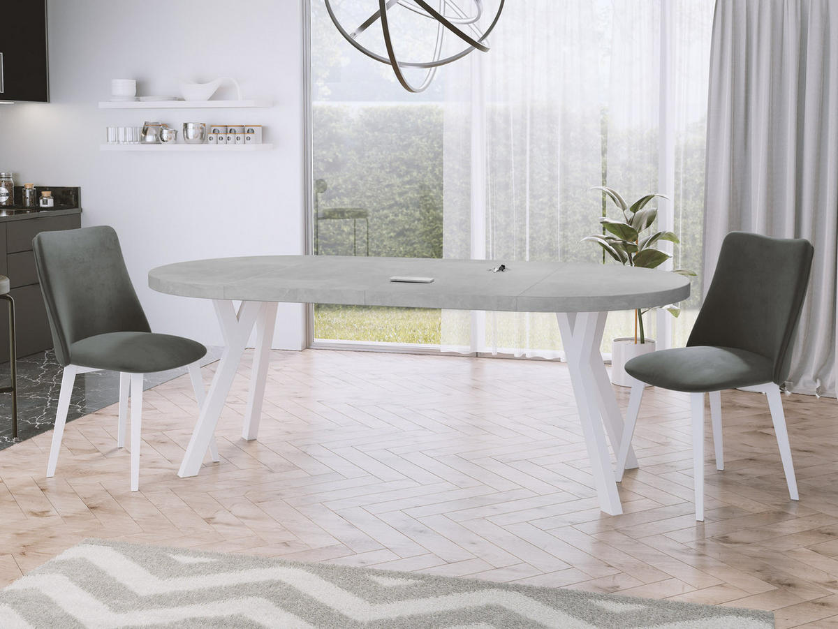 ESSTISCH Twixy runder ausziehbarer, Grauer Beton 100-200/100/76 cm - Hellgrau/Weiß, Holz/Holzwerkstoff (100/100/76cm) - WFL GROUP