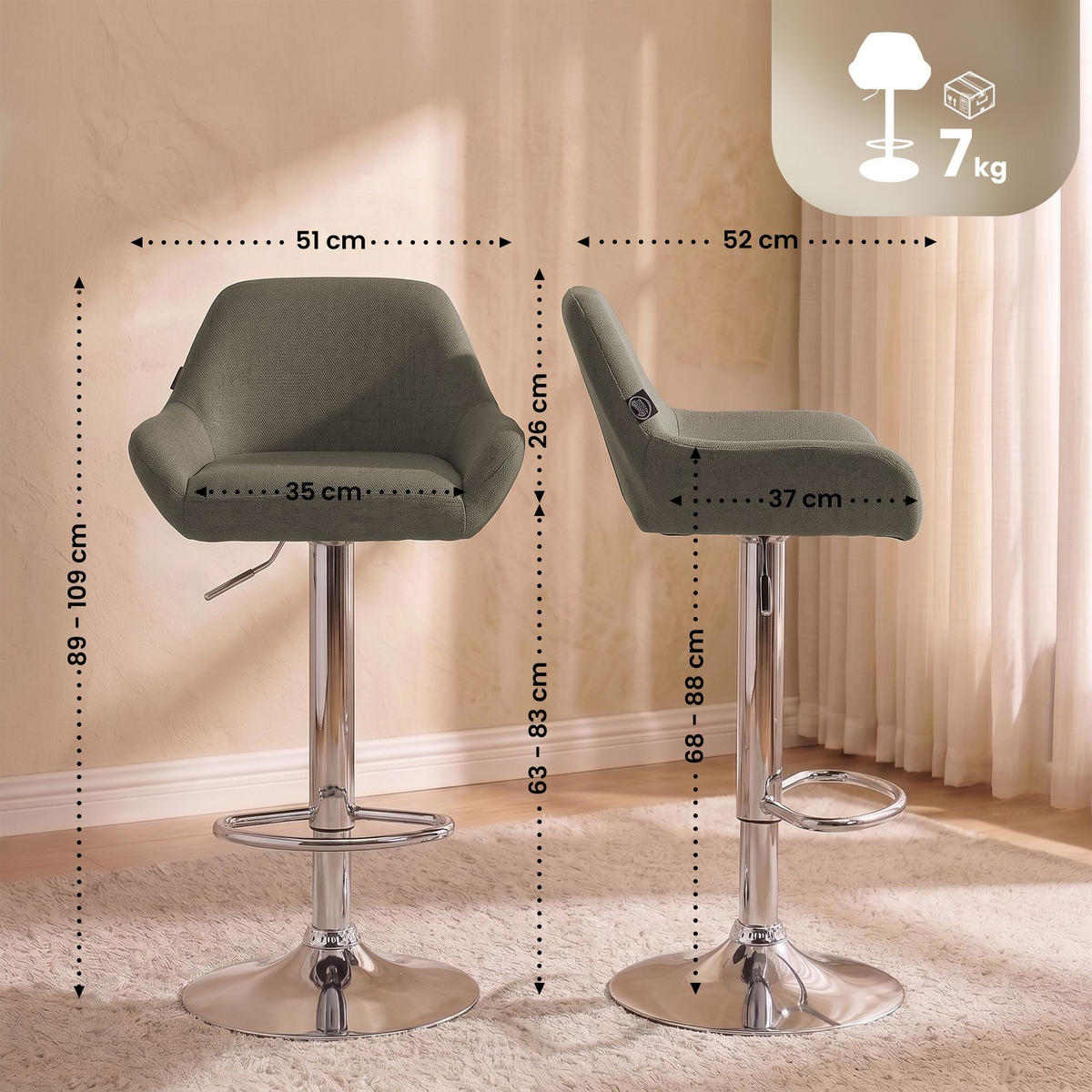 BARHOCKER Stoff taupe - Taupe/Chromfarben, Textil/Metall (51/89/52cm) - CLP