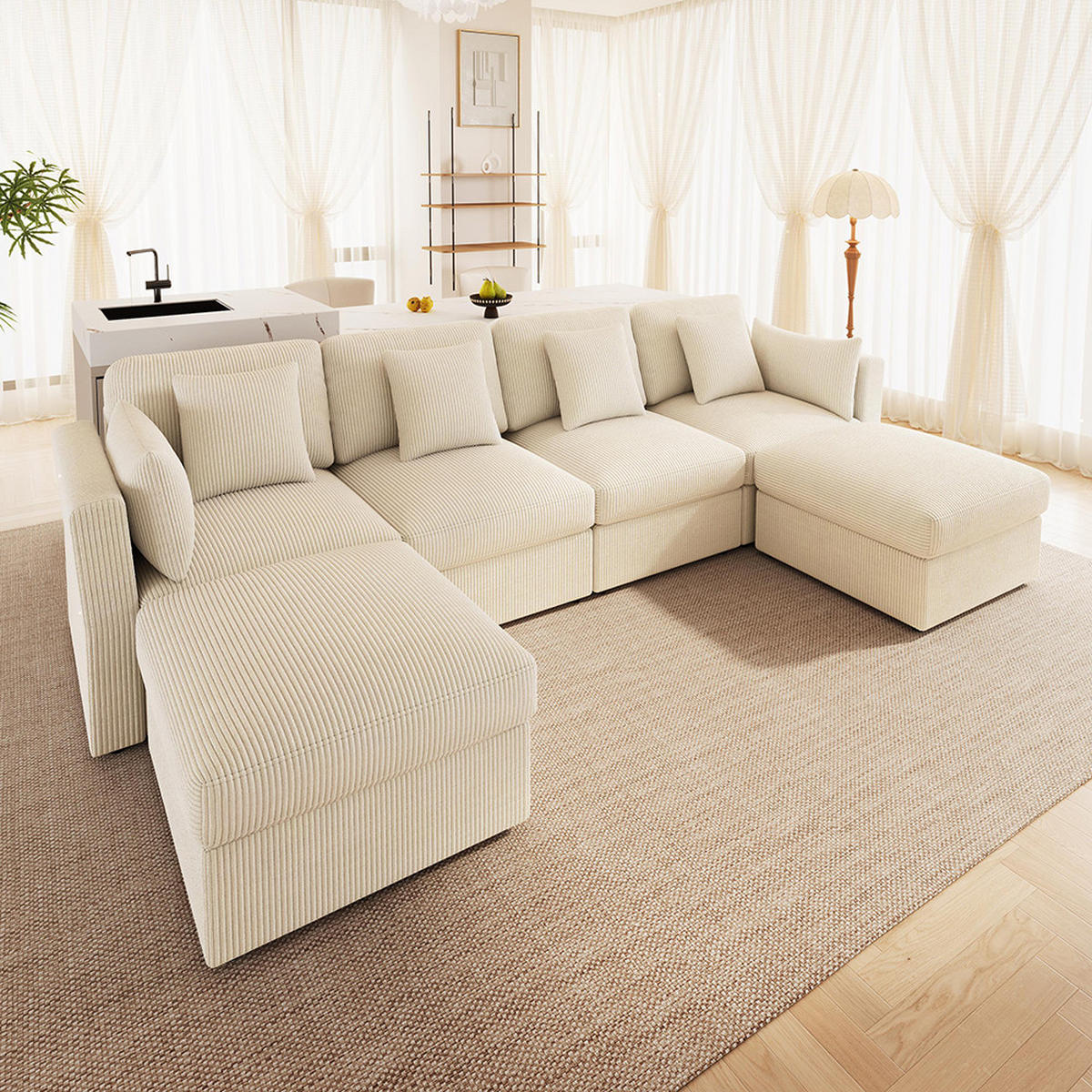 ECKSOFA,SECHSSITZER-SOFA mit verstellbaren Armlehnen in Beige - Beige, Textil (159.5/290cm) - KOMHTOM