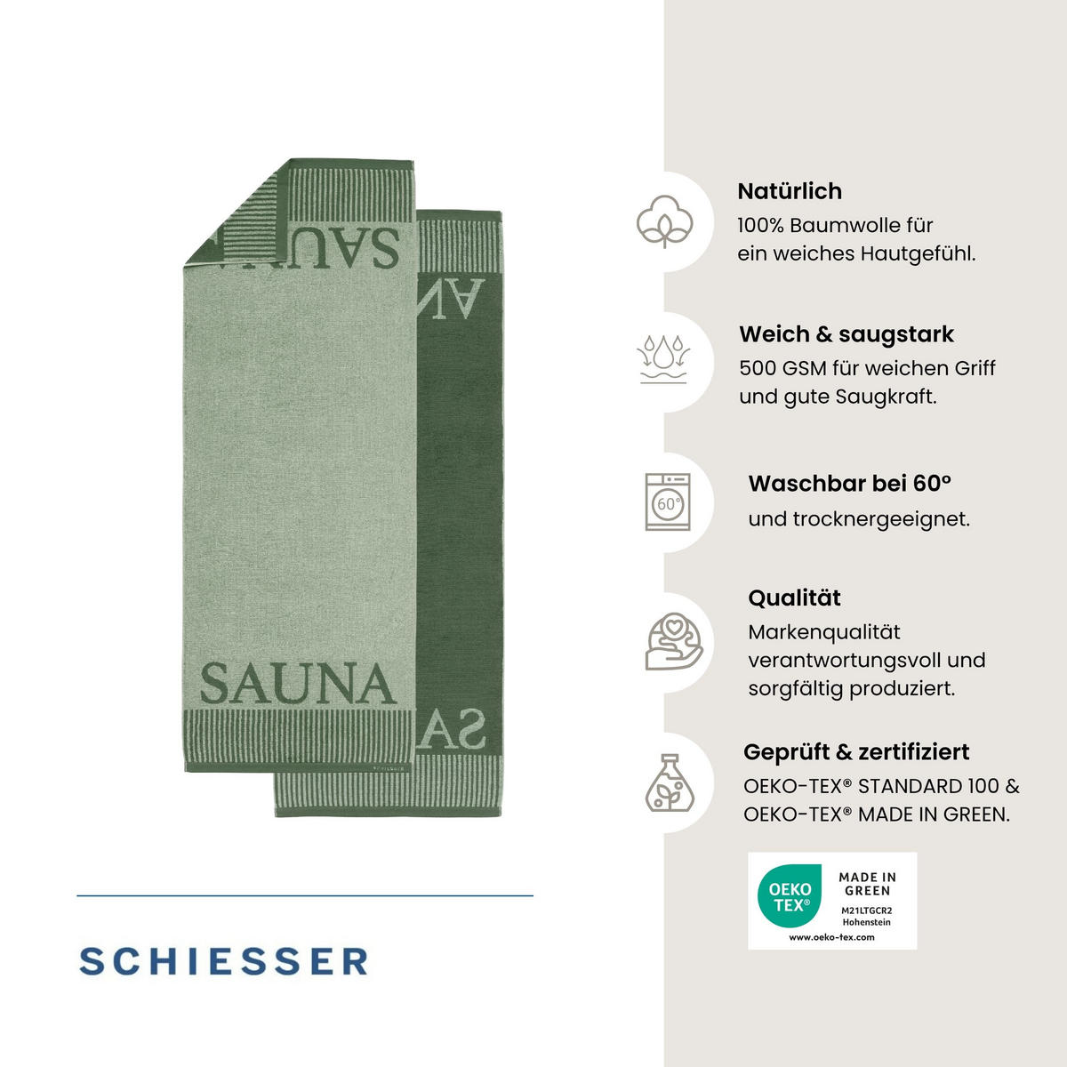 SAUNATUCH Rom - 75x200 cm - Hellgrün - Hellgrün, Textil (75/200cm) - SCHIESSER