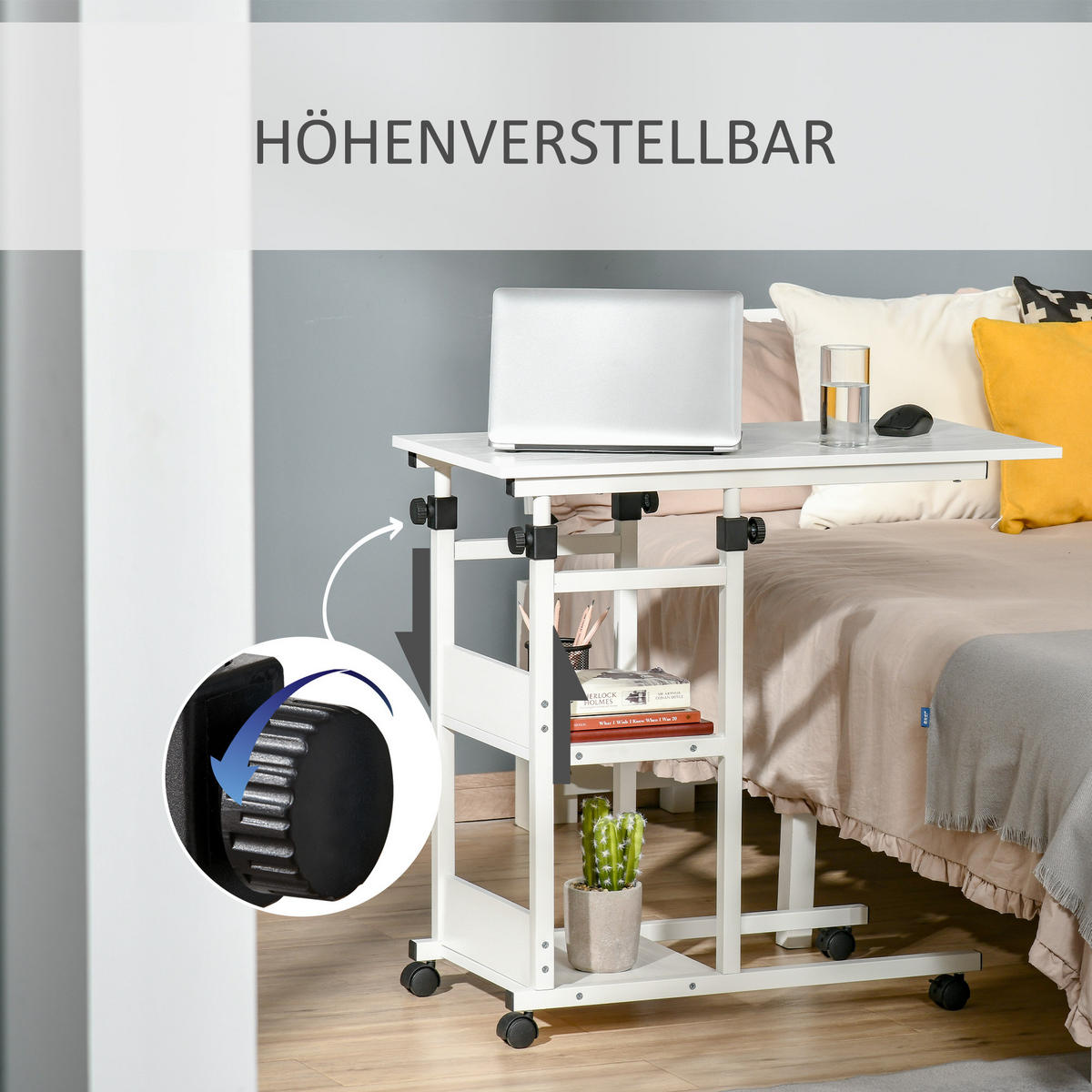 BEISTELLTISCH Couchtisch mit Rollen höhenverstellbar 2 untere Regale Esszimmer - Weiß, Kunststoff (80/40/82cm) - HOMCOM