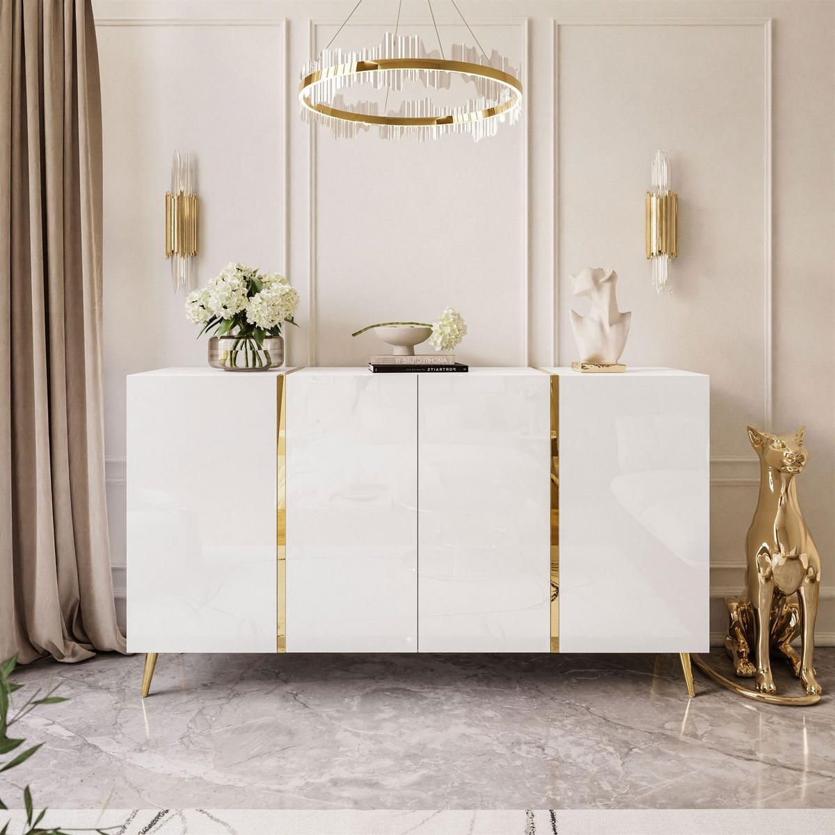 SIDEBOARD ONYX 4T 158 CM AUF GOLDENEN BEINEN PUSH OPEN - Weiß, Holzwerkstoff (158/88/41cm) - Lookway