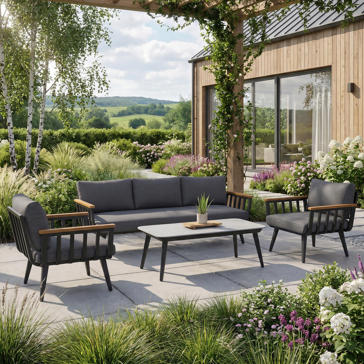 GARTENSET Nova mit Sofas Sessel und Kaffeetisch, für 5 Personen, Metallbeine, Grau - Grau, Metall - Beautysofa