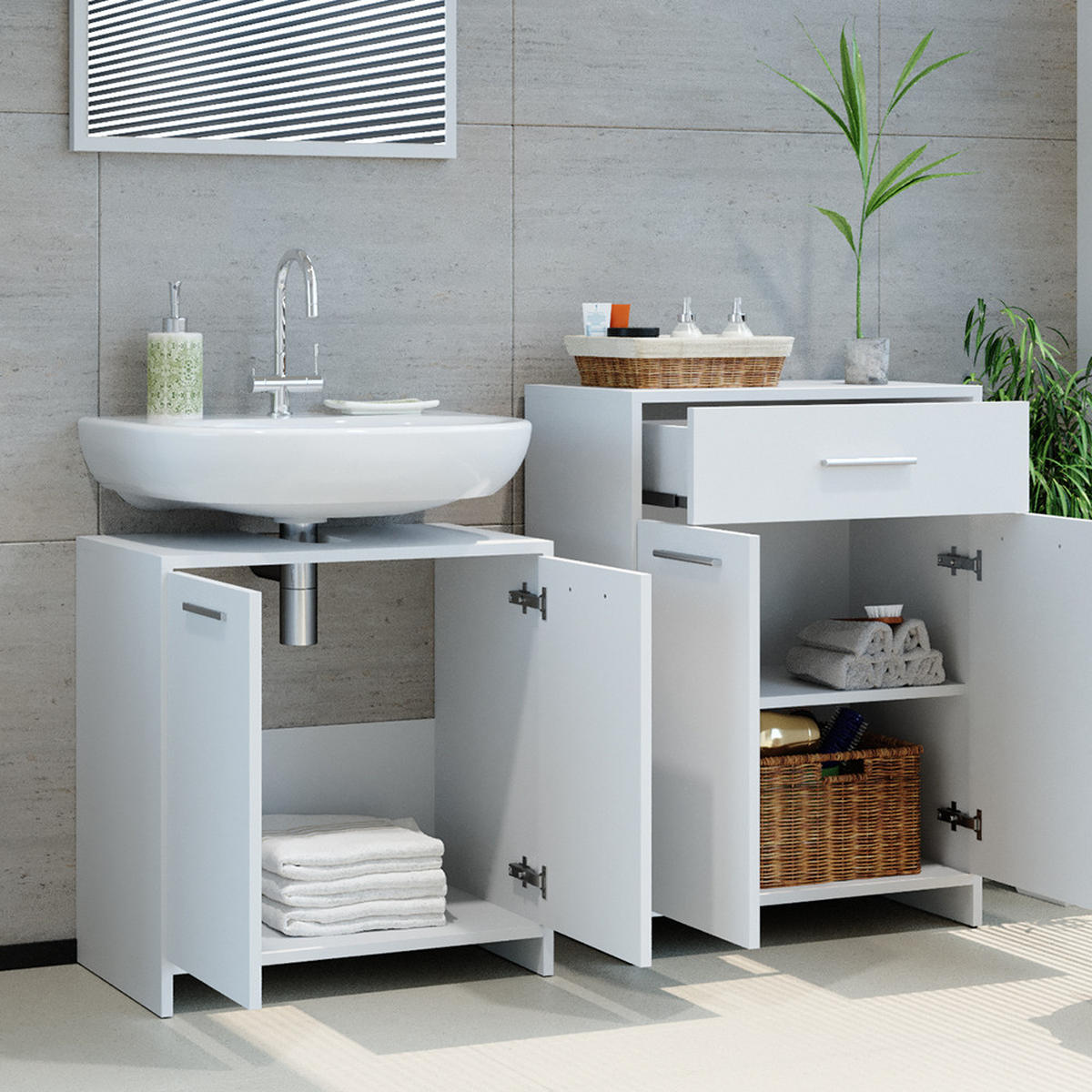 BADMÖBEL-SET Kiko Weiß 4 Teile, mit Hochschrank und Kommode - Weiß, Holzwerkstoff (58/60/33cm) - Vicco