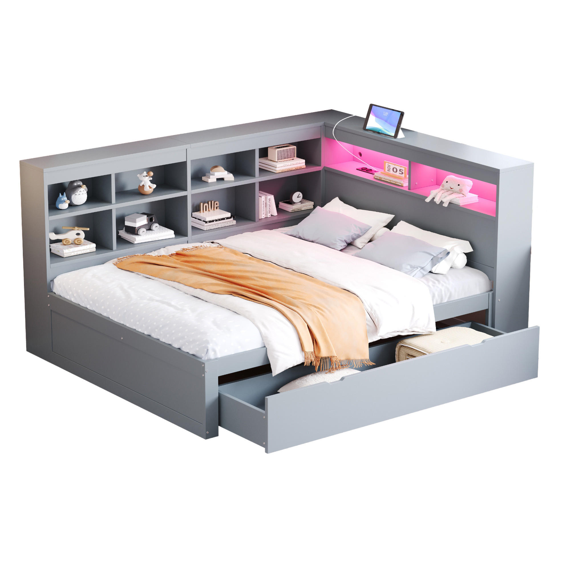 RAHMENBETT 140/200 cm in Grau mit Stauraum, LED-Beleuchtung und USB - Grau, Holz (140/200cm) - Flora Grace