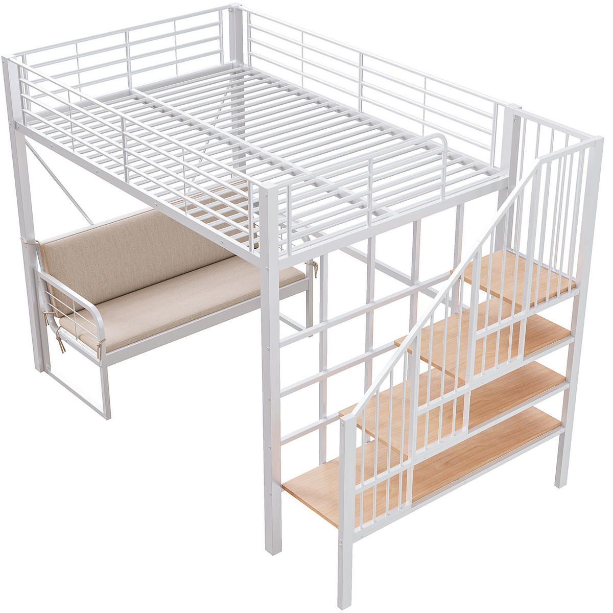 ETAGENBETT 140/200 cm Weiß mit Polstersofa und Stauraumleiter ohne Matratze - Weiß, Metall (140/200cm) - MIVRAY