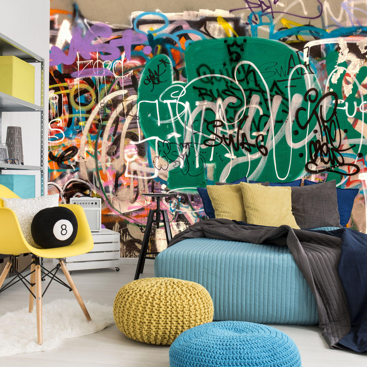 FOTOTAPETE für Jugendzimmer Straßenkunst Buntes Graffiti Urban 200x140 - Beige/Violett, Papier (200/140cm) - Muralo