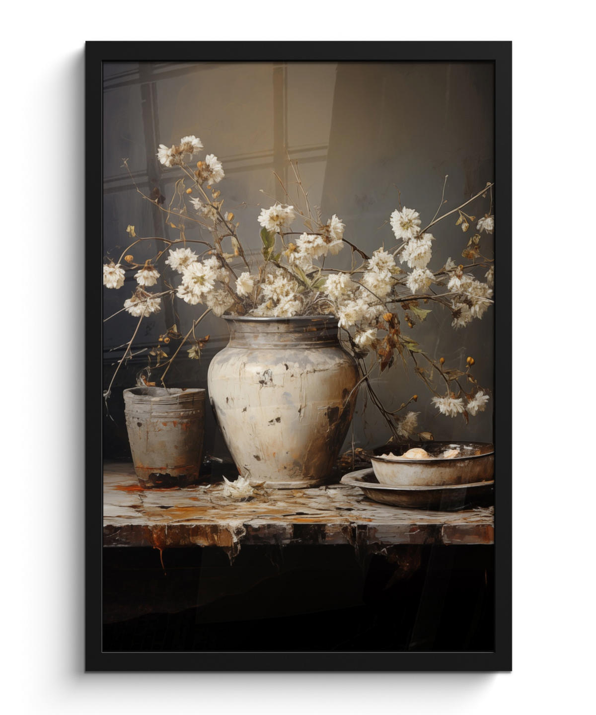 GERAHMTES BILD Stilleben - Blumen - Blumenstrauß - Vase - Wein 40x60 cm - Schwarz, Papier (40/60cm) - MuchoWow
