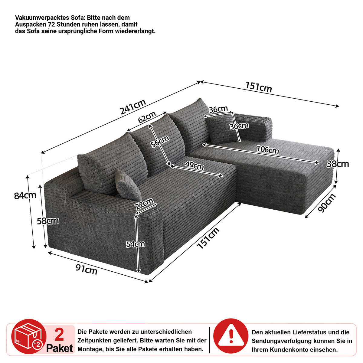 ECKSOFA Cord Dunkelgrau - Grau, Textil (241/151cm) - WISHDOR