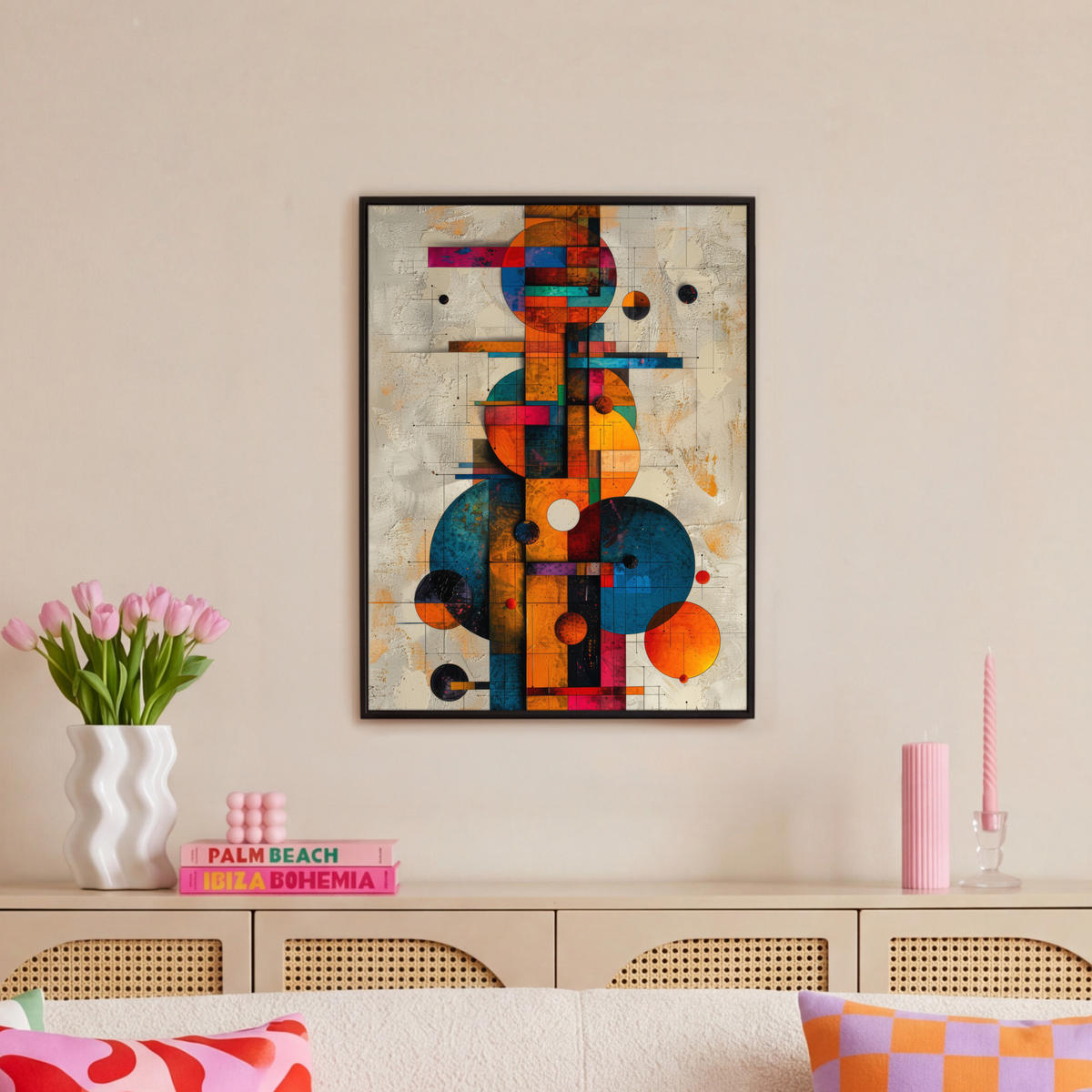 LEINWAND Bilder mit Rahmen - Vintage - Moderne Kunst - Orange - Geometrische Formen - 50x70 - Multicolor, Textil (50/70cm) - MuchoWow