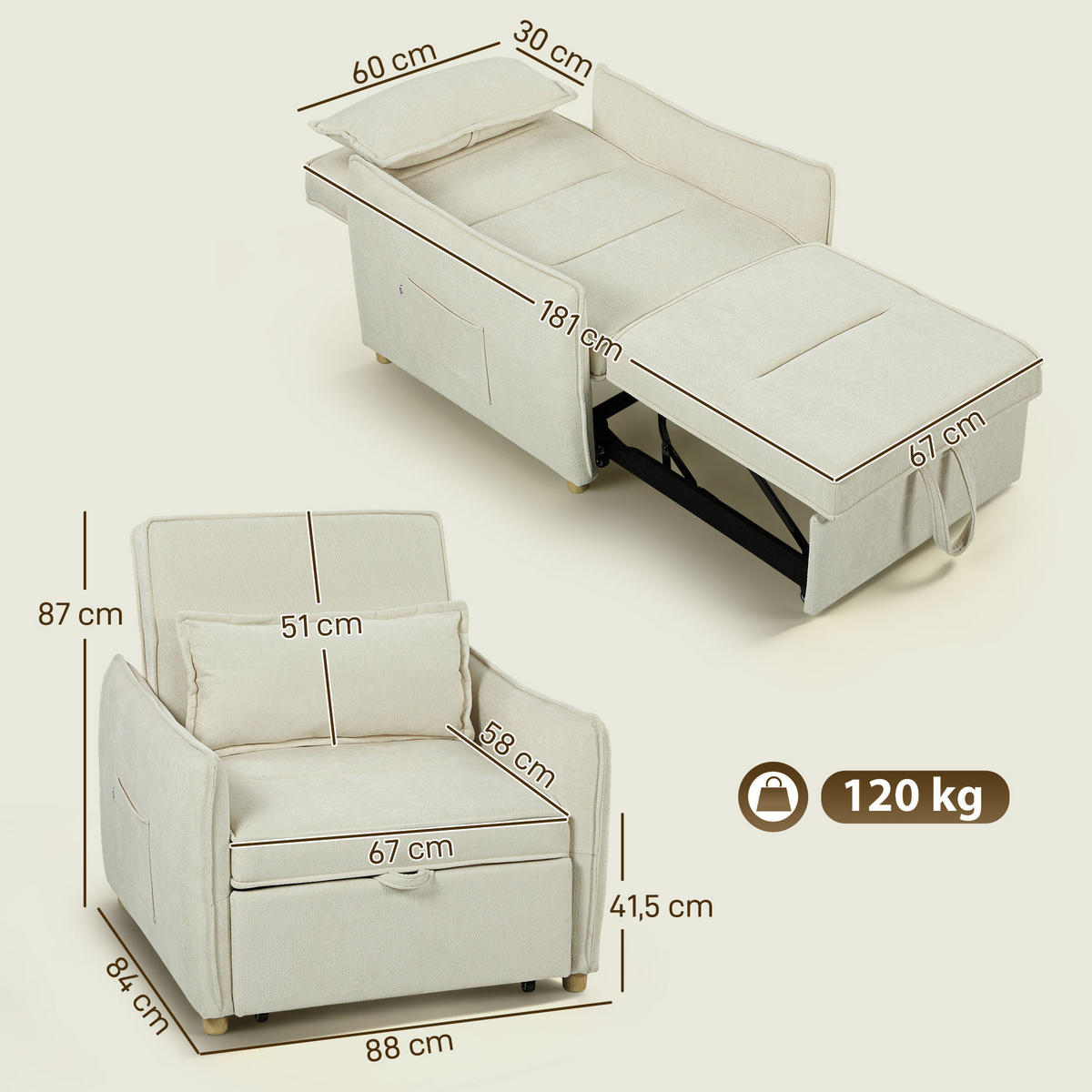SCHLAFSESSEL 3-in-1 DE-08245 umwandelbar mit Bettfunktion & Lendenkissen Creme - Creme, Holzwerkstoff (88/87/84cm) - ComfortXL