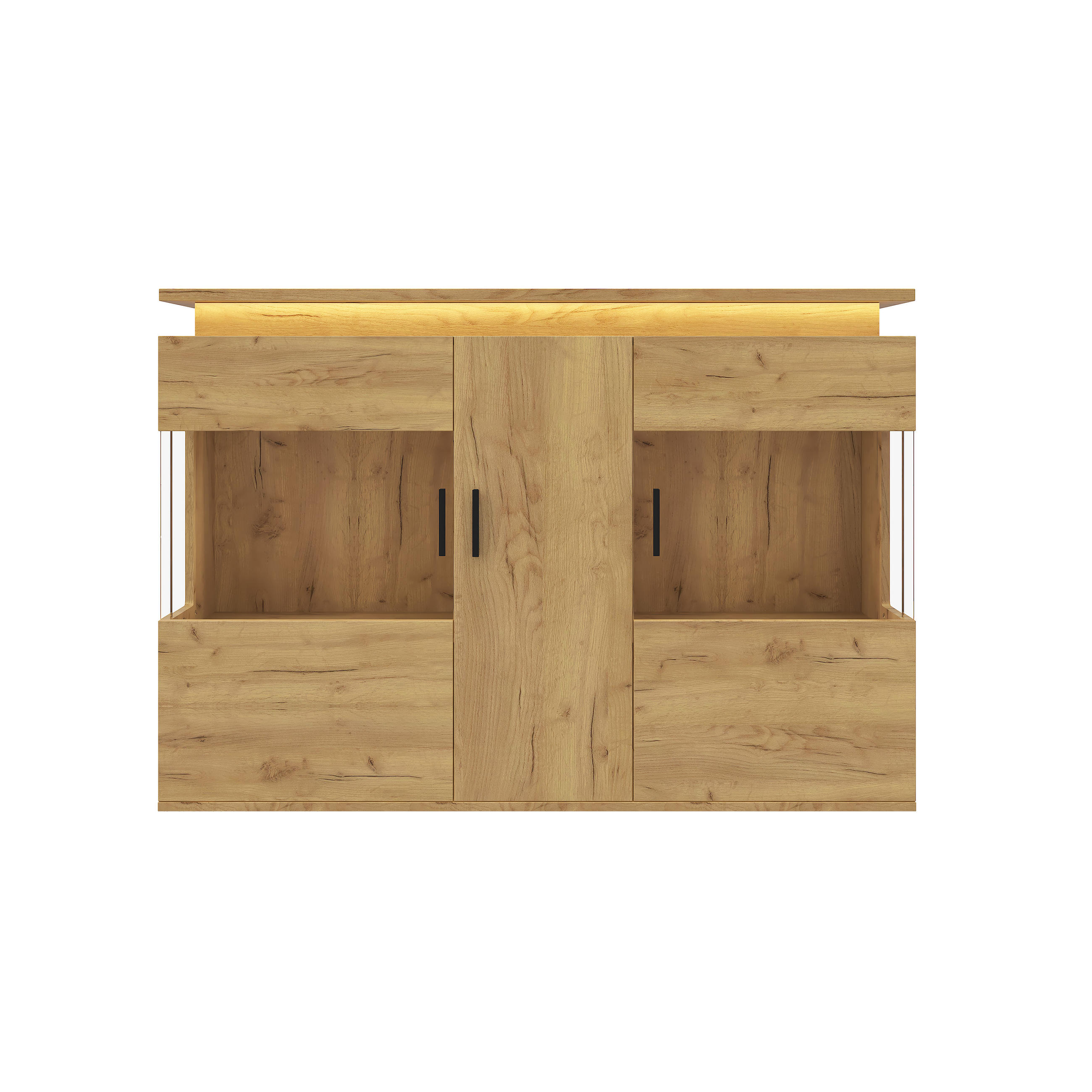 SIDEBOARD mit LED/USB-C Ladestation, Glastüren, 120x40x79,5 cm - Eichefarben/Schwarz, Holz (120/79.5/40cm) - LVHOM