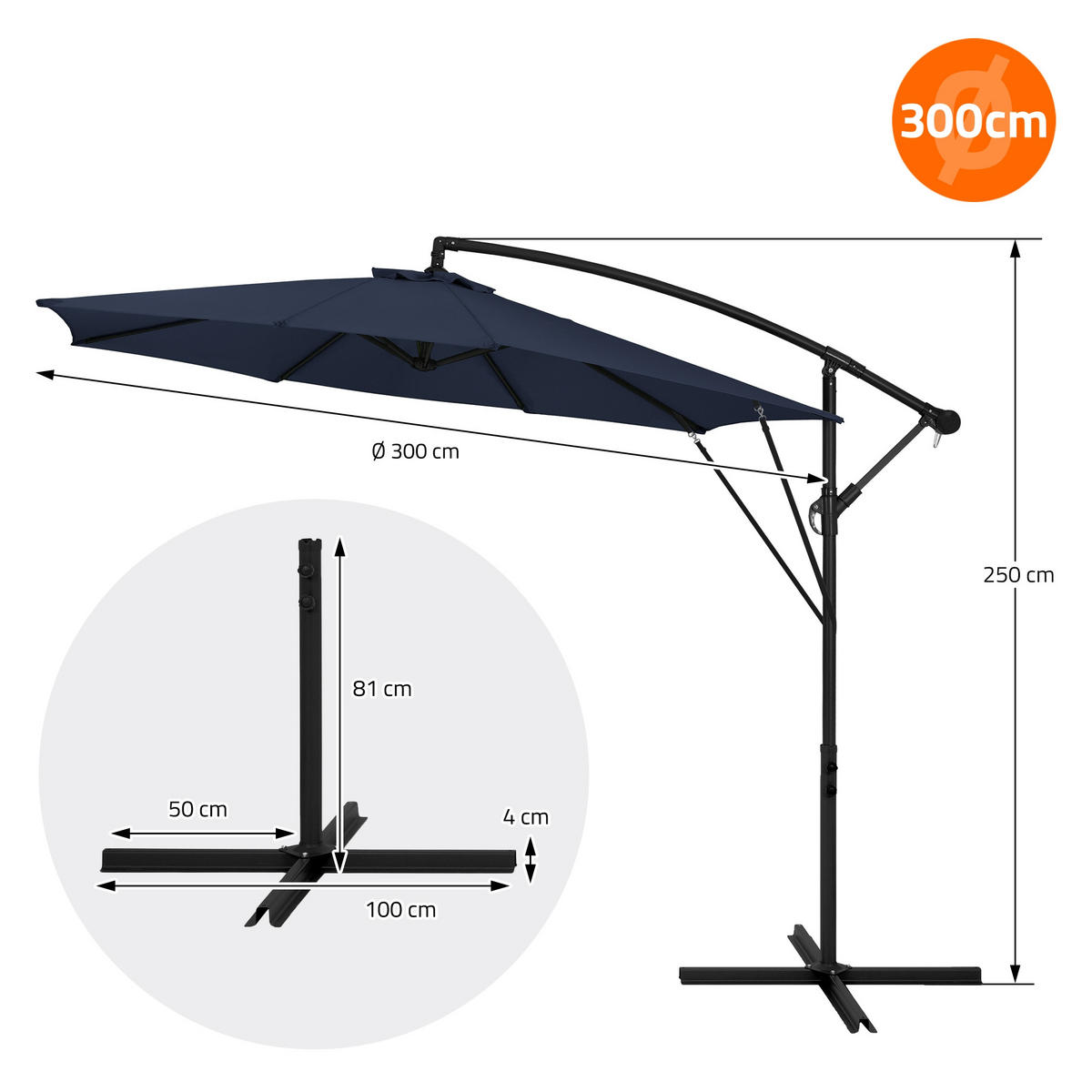 AMPELSCHIRM Ø 300 cm in Navy Blau aus Aluminium - Blau, Metall (300/300cm) - ML-DESIGN