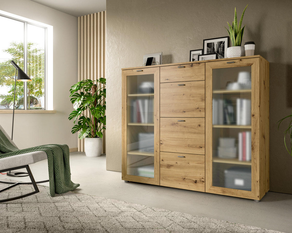 HIGHBOARD Eiche Artisan 135 cm, 2 Türen mit Glaselement - Silberfarben/Eiche Artisan, Glas/Holzwerkstoff (135/115/37cm) - Inn.Furn