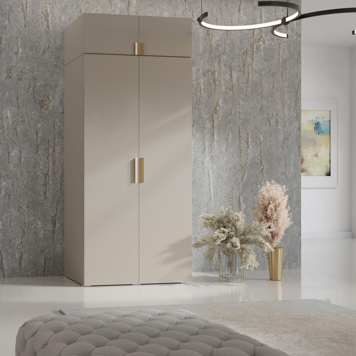 DREHTÜRENSCHRANK mit Aufsatz Napoli 2D 100 Kaschmir (schwarzer oder goldener Griff) - Kaschmir/Silberfarben, Holzwerkstoff/Kunststoff (100/35/60cm) - mzm24