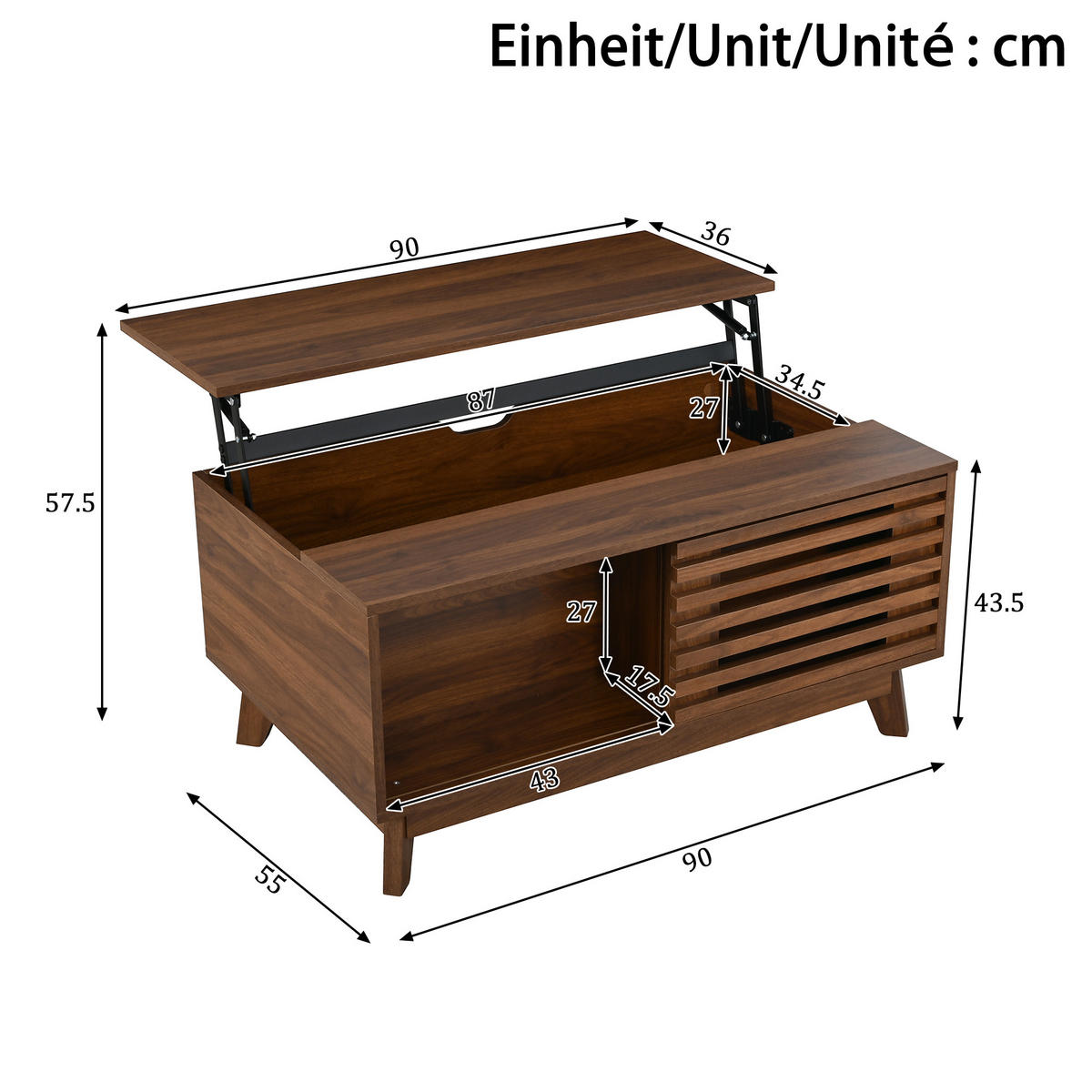 COUCHTISCH walnuss-optik mit lift-funktion & jalousie-schiebetür - Walnussfarben, Holzwerkstoff (55/90/57.5cm) - Urban Meuble