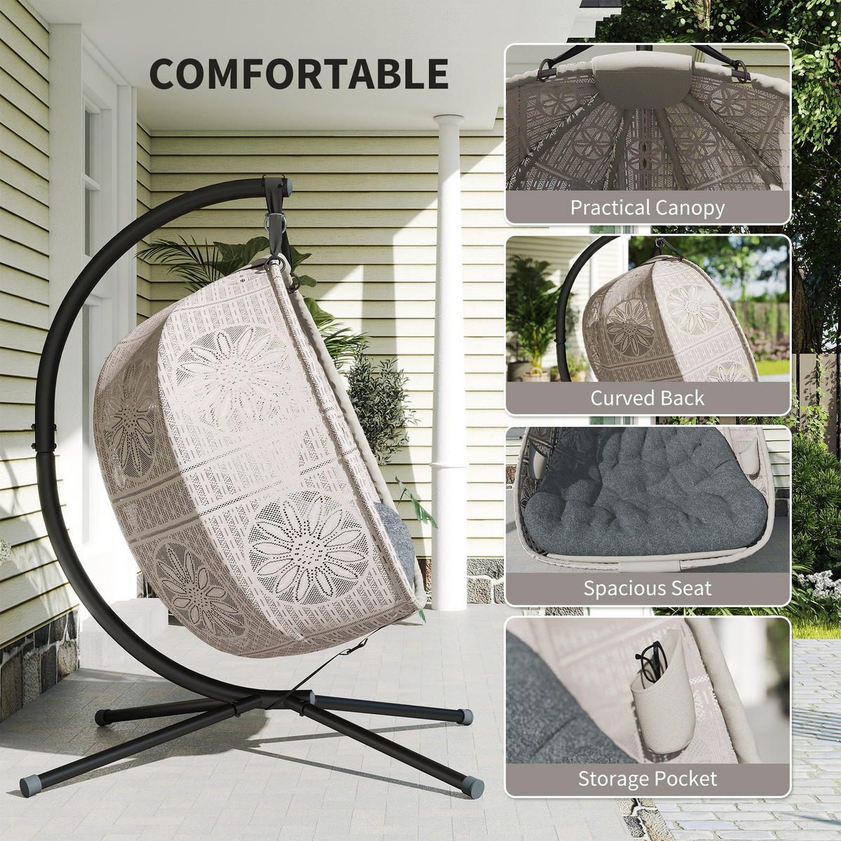 HÄNGESESSEL Mit Gestell DE-07054, faltbar Sand/Schwarz - Sandfarben/Schwarz, Textil/Metall (126/172/132cm) - ComfortXL