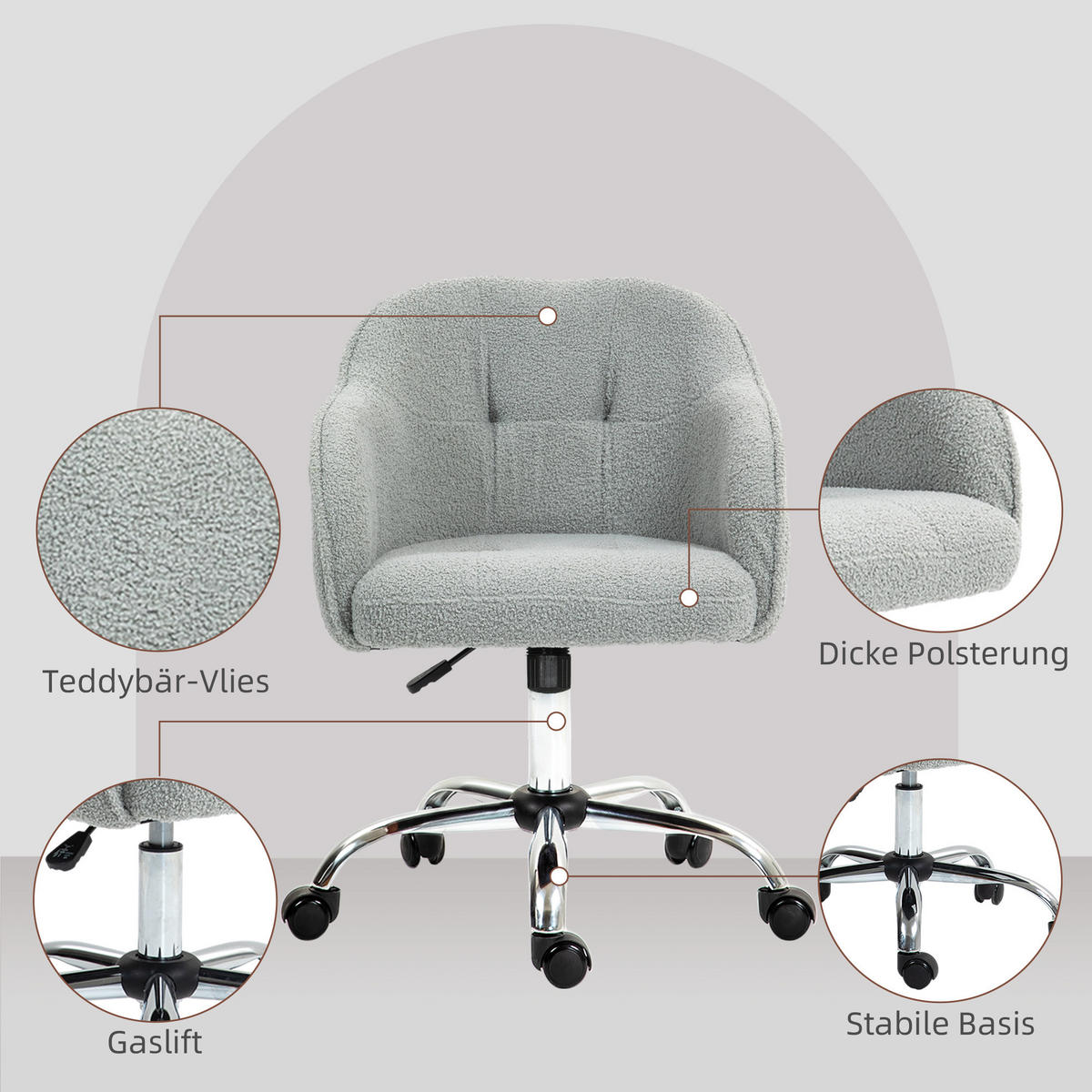 BÜROSTUHL DE-05175 Wippfunktion mit Teddysamtoptik Grau - Grau, Metall (61/86/56cm) - ComfortXL