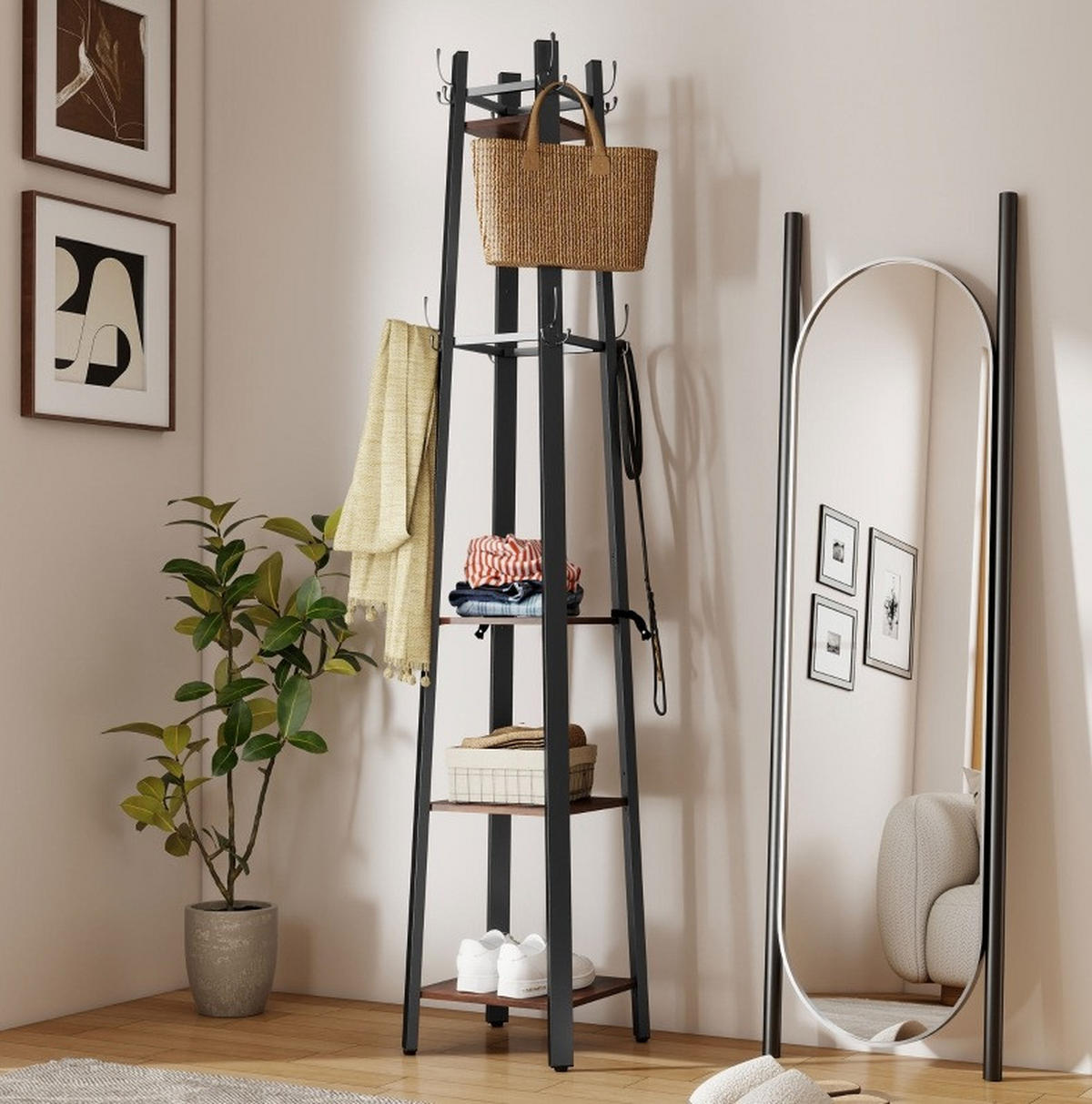 GARDEROBENSTÄNDER mit 8 Haken und 4 Ablagen 34,8 x 34,8 x 179 cm Braun - Braun, Holz (34.8/179/34.8cm) - Beauniv