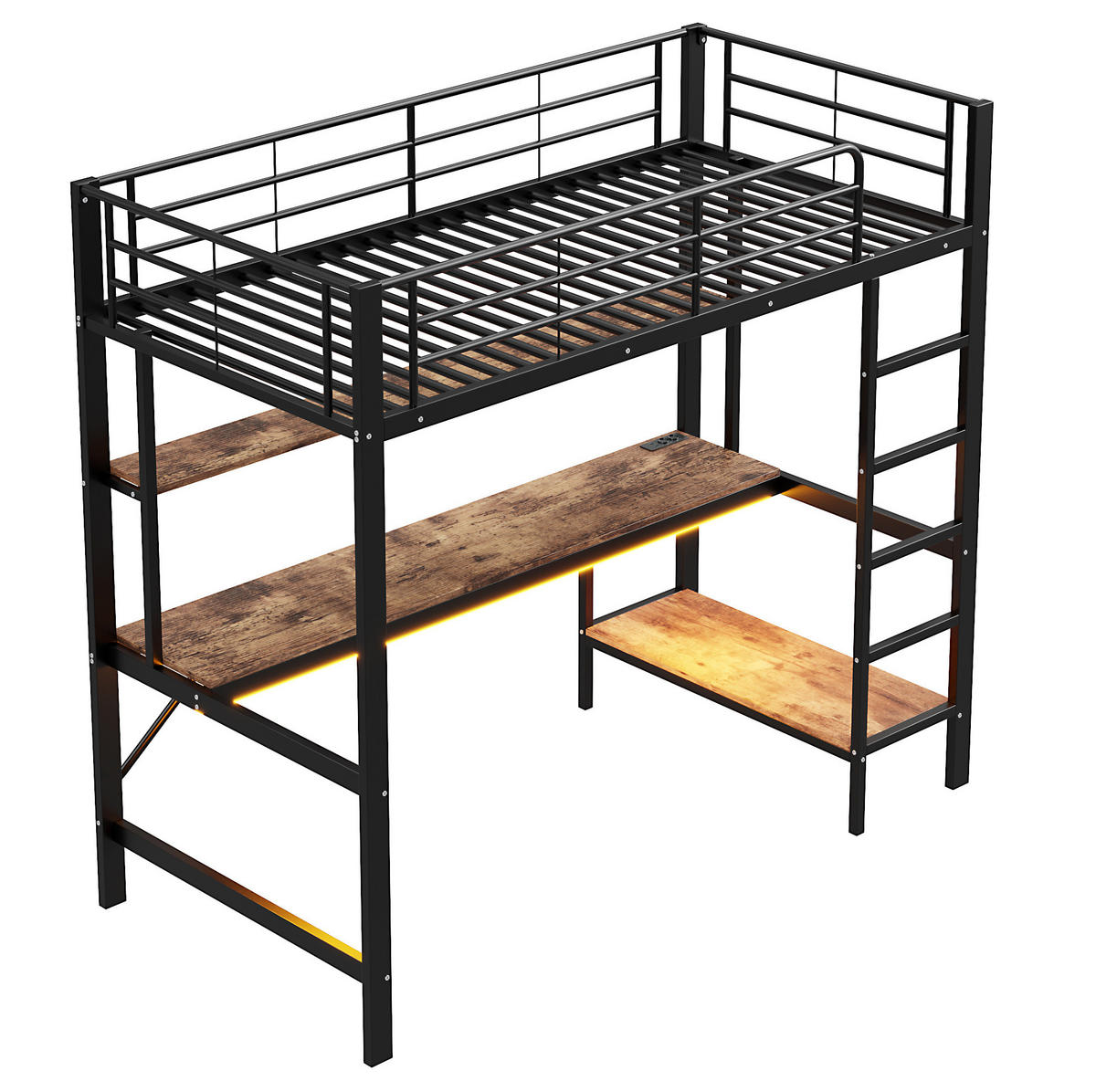 HOCHBETT 90/200 cm mit Schreibtisch, Regal, USB, Steckdose und LED-Ambientelicht, Schwarz - Schwarz, Metall (90/200cm) - Redom