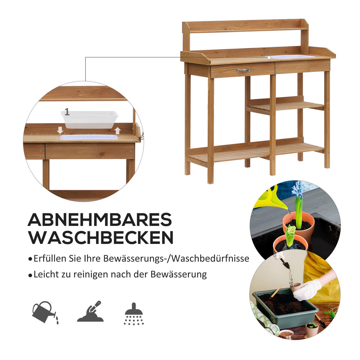 PFLANZTISCH Gärtnertisch Blumentisch mit Wanne Garten, Tannenholz, Natur - Fichtefarben, Holz (117/45/121cm) - Outsunny