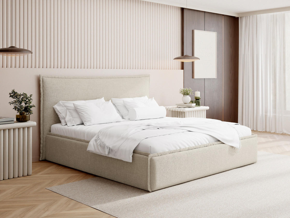 POLSTERBETT Pillow mit Bettkasten, Lattenrost & hohem Kopfteil in Creme Chenille 120x200 cm - Birkefarben/Creme, Holz/Kunststoff (120/200cm) - WFL GROUP