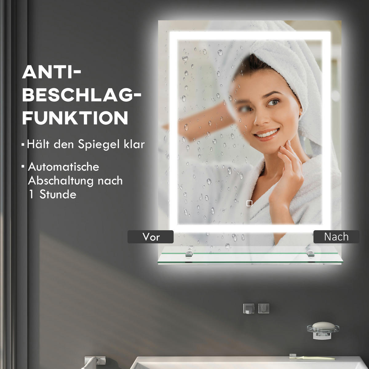 BADSPIEGEL mit Beleuchtung, Wandspiegel mit 3 Lichtfarben, Anti-Beschlag - Transparent, Glas (50/2.7/70cm) - Kleankin