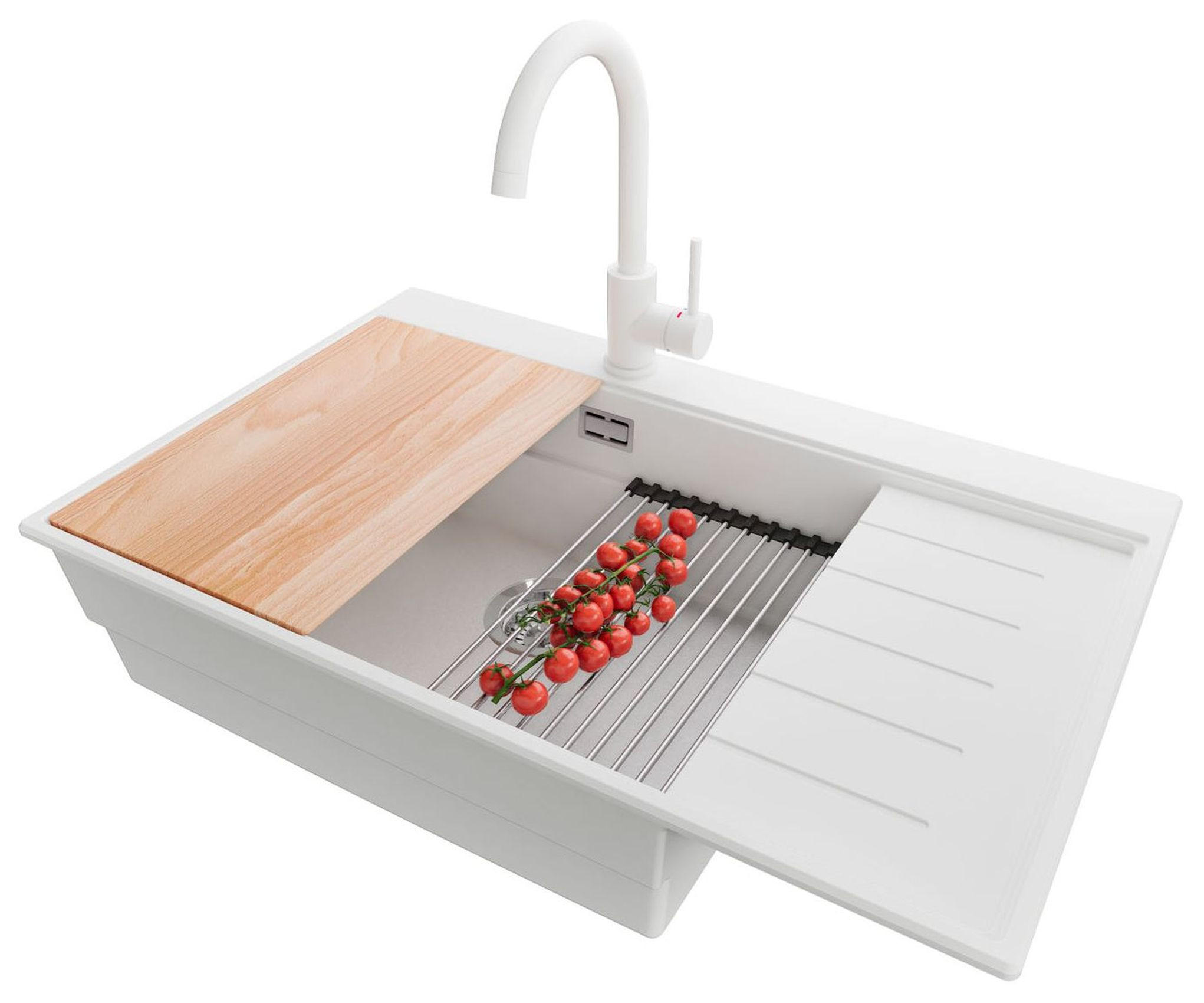 GRANITSPÜLE Sydney, 2-er set Weiß 78/50 cm 1 Becken + Küchenarmatur 32/20 cm + Ablauf-Set + Küchenzubehörset ab 60er Unterschrank - Chromfarben/Beige, Kunststoff (78/20/50cm) - Primagran