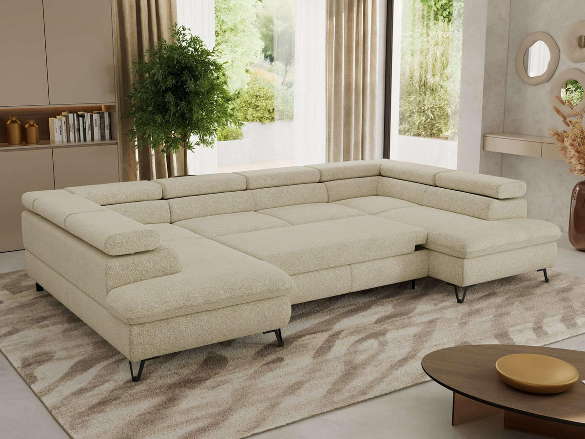 WOHNLANDSCHAFT PABLO U Strukture Creme - Creme/Schwarz, Textil/Metall (346/76/208cm) - MKS