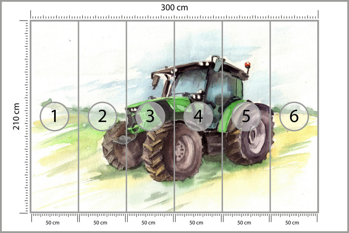 FOTOTAPETA Pre Detskú Izbu Akvarel Zelený Traktor Pole 300 x 210 cm - hnedá/čierna, papier (300/210cm) - Muralo