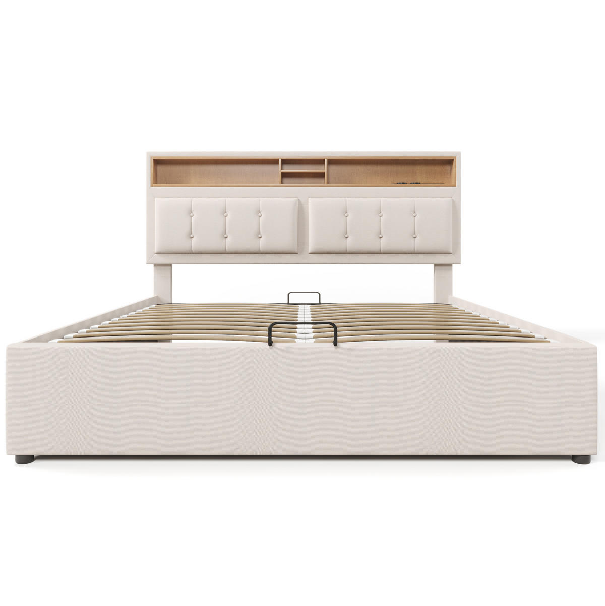 POLSTERBETT aus Leinen 140x200 cm Beige mit Matratze, Stauraum, USB- und Type-C-Anschluss - Beige, Textil (140/200cm) - IVMEU